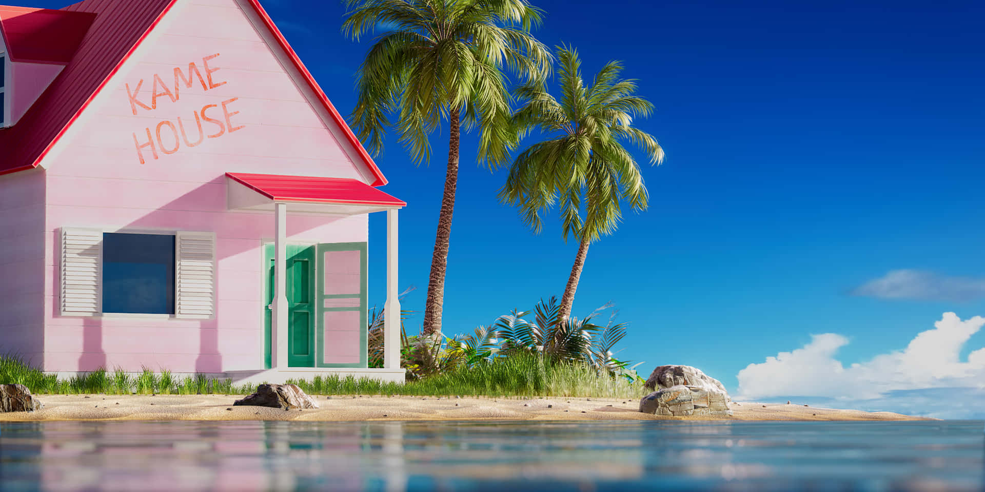 A Pink House On The Beach With Palm Trees