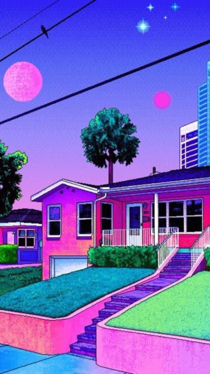 A Pink House With A Purple Sky Background