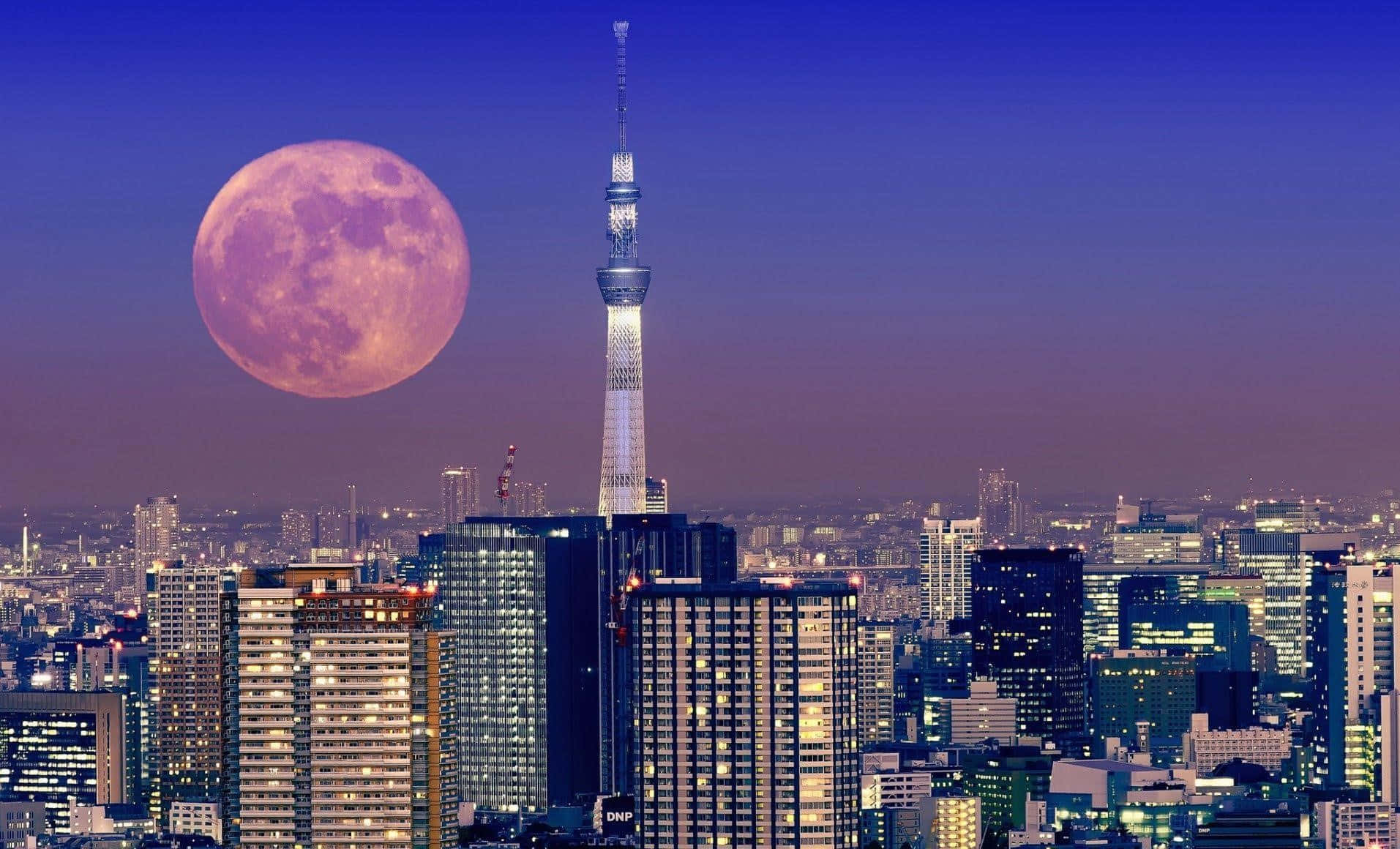 A Pink Moon Is Seen Over A City With Tall Buildings Background