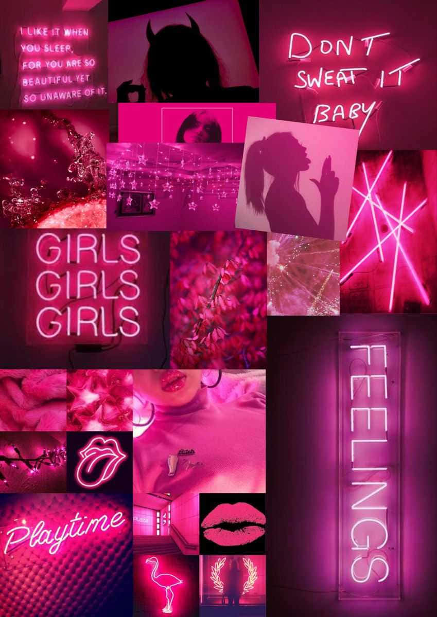 A Pink Neon Sign With A Girl In It Background