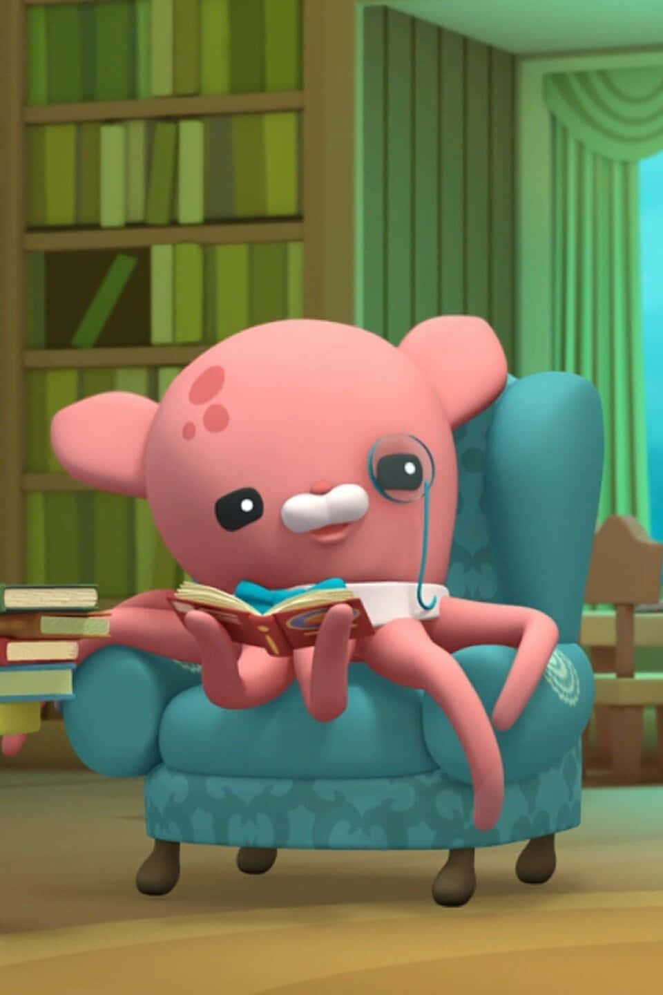 A Pink Octopus Sitting In A Chair Reading A Book Background