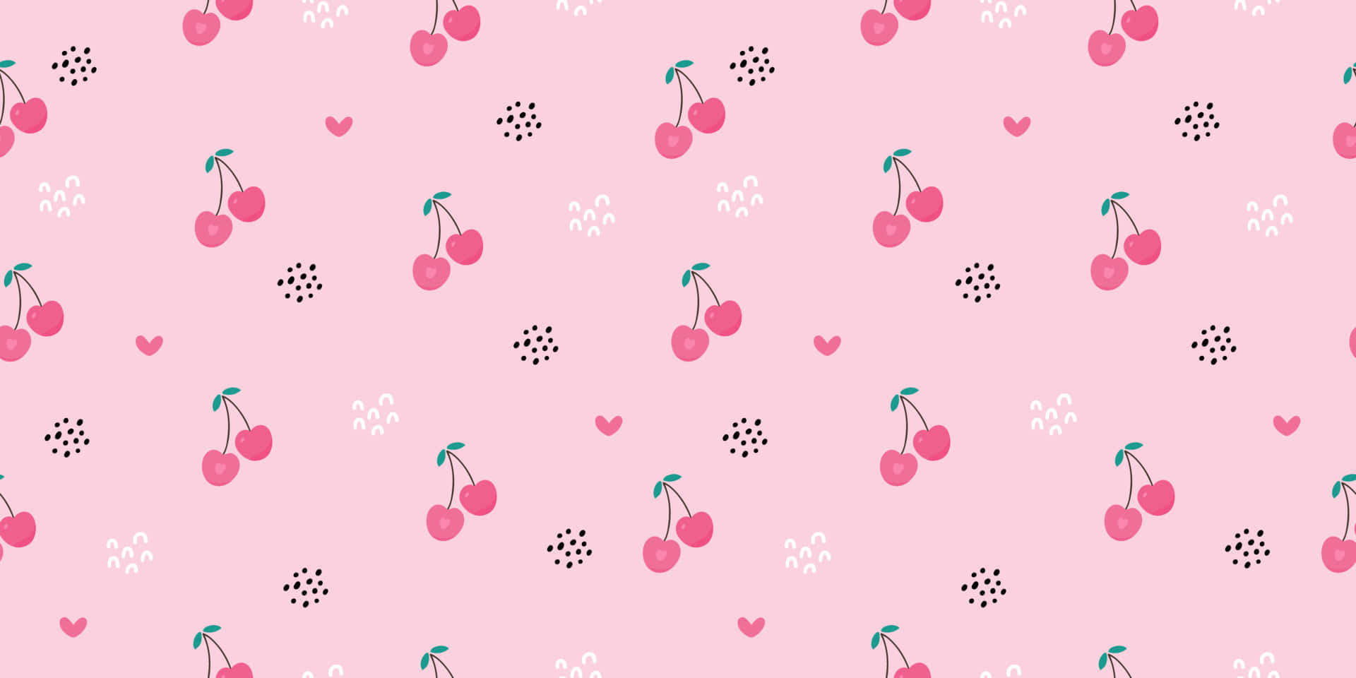 A Pink Pattern With Cherries And Hearts Background
