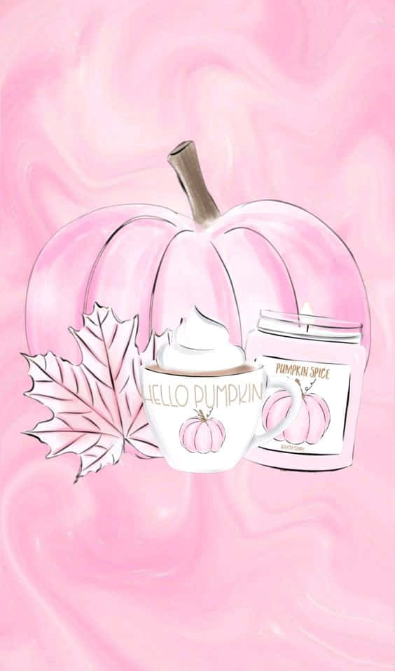 A Pink Pumpkin With A Candle And Leaves Background