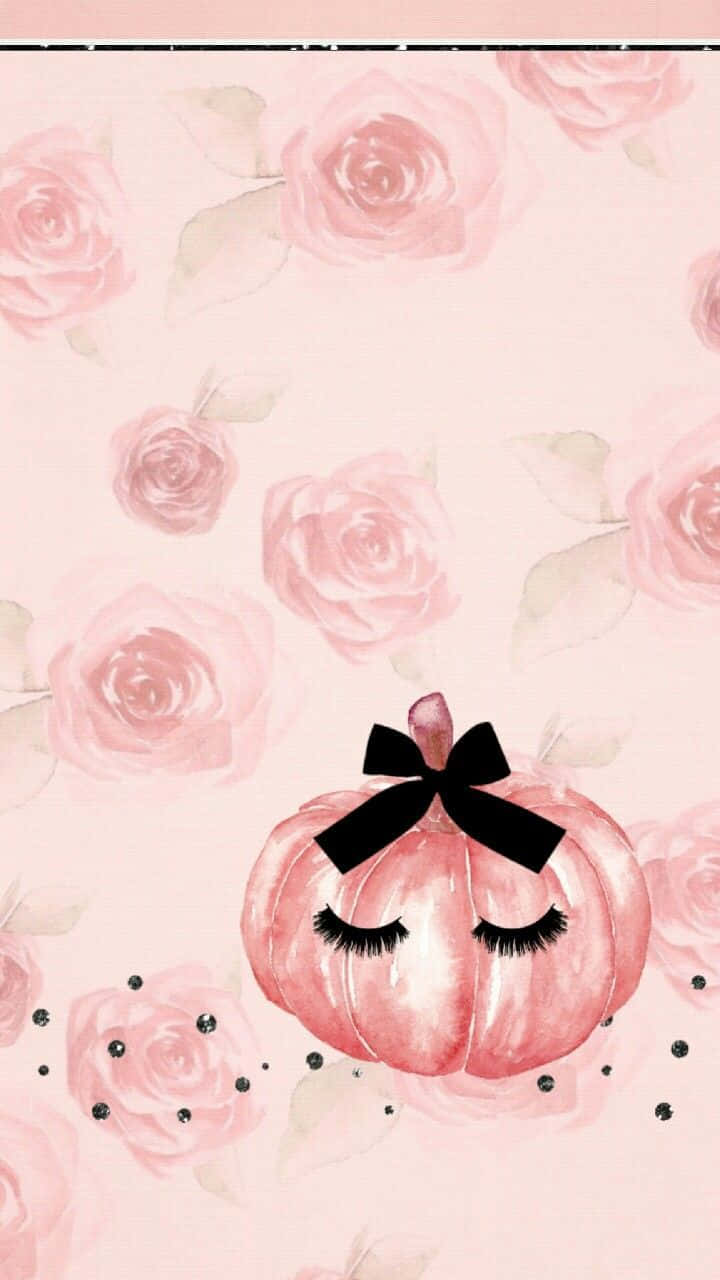 A Pink Pumpkin With Black Bows And Roses Background