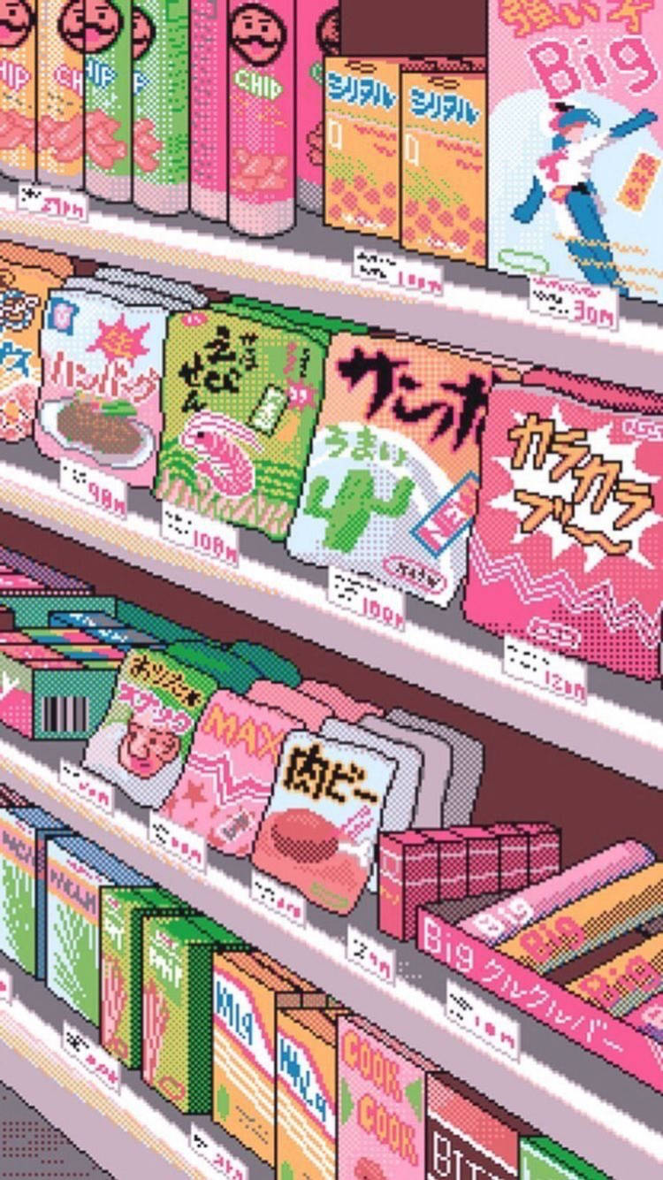 A Pink Shelf With Many Different Kinds Of Candy Background