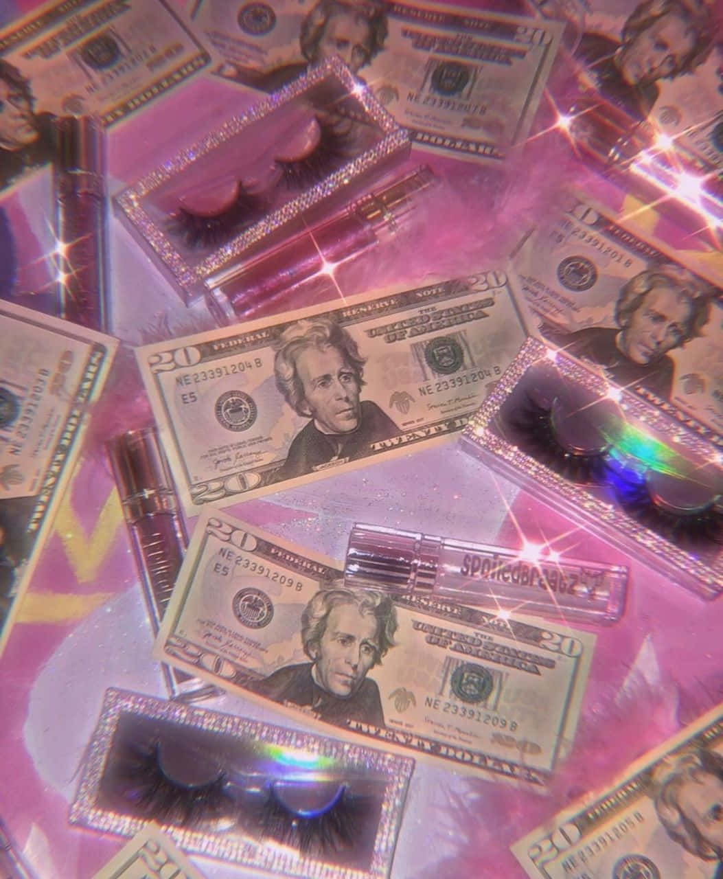 A Pink Table With Dollar Bills And Eyelashes