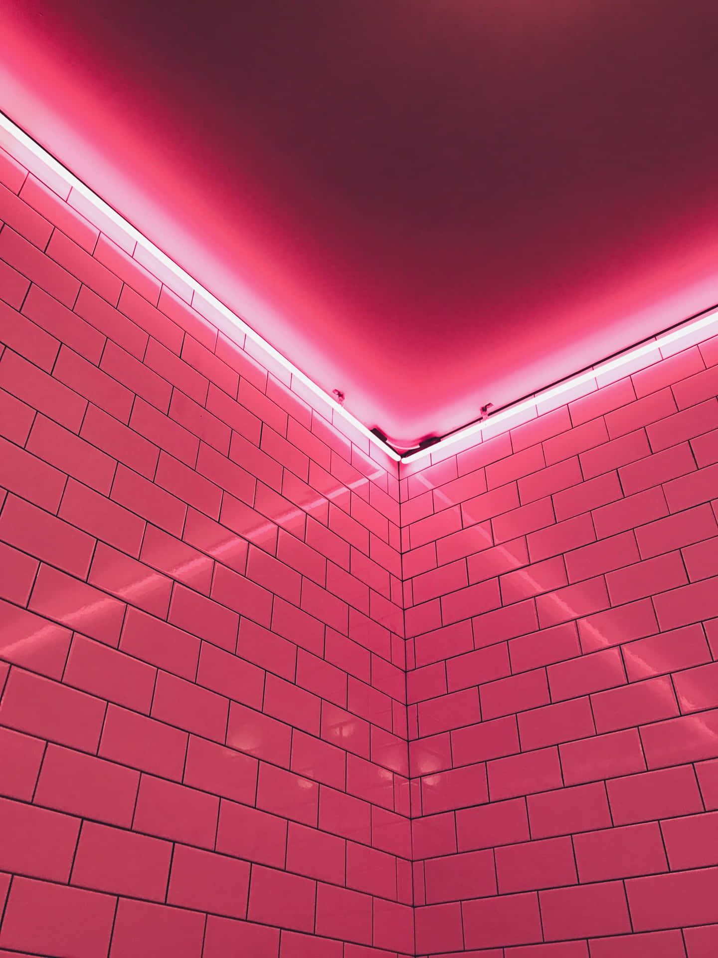 A Pink Tiled Bathroom With A Pink Light Background