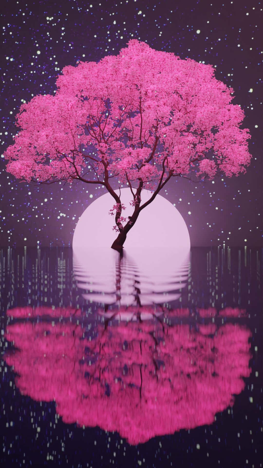 A Pink Tree In The Water With Stars In The Sky Background