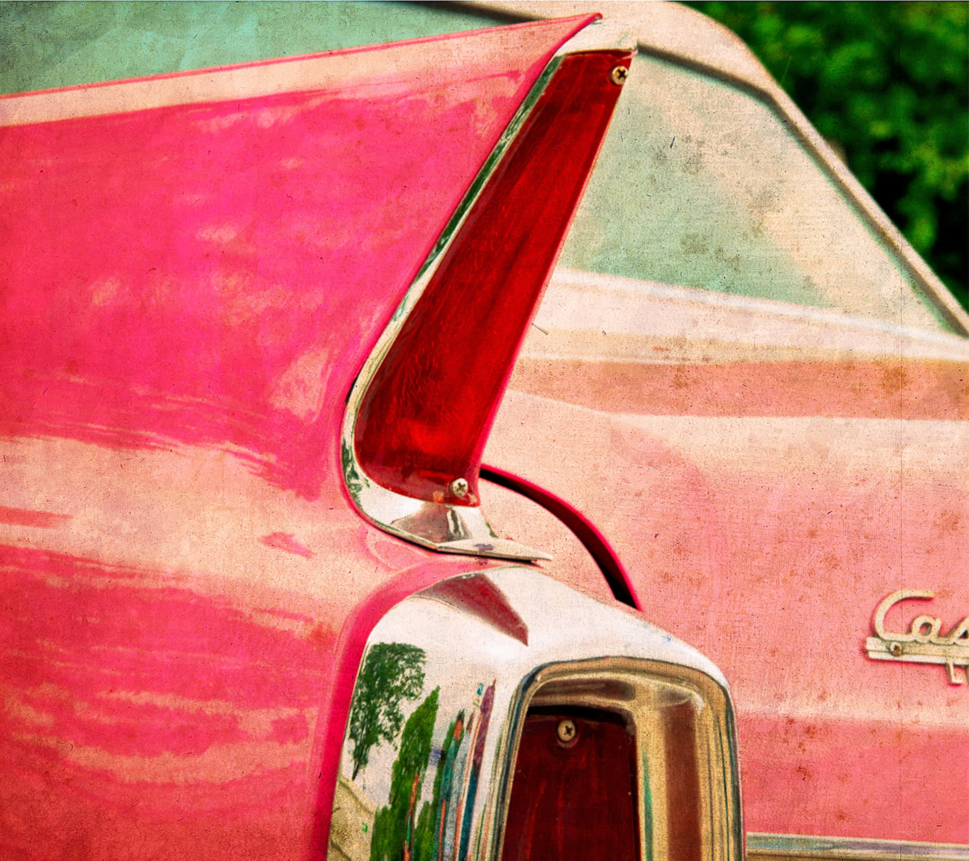 A Pink Vintage Car Set On A Sunlit Road Background