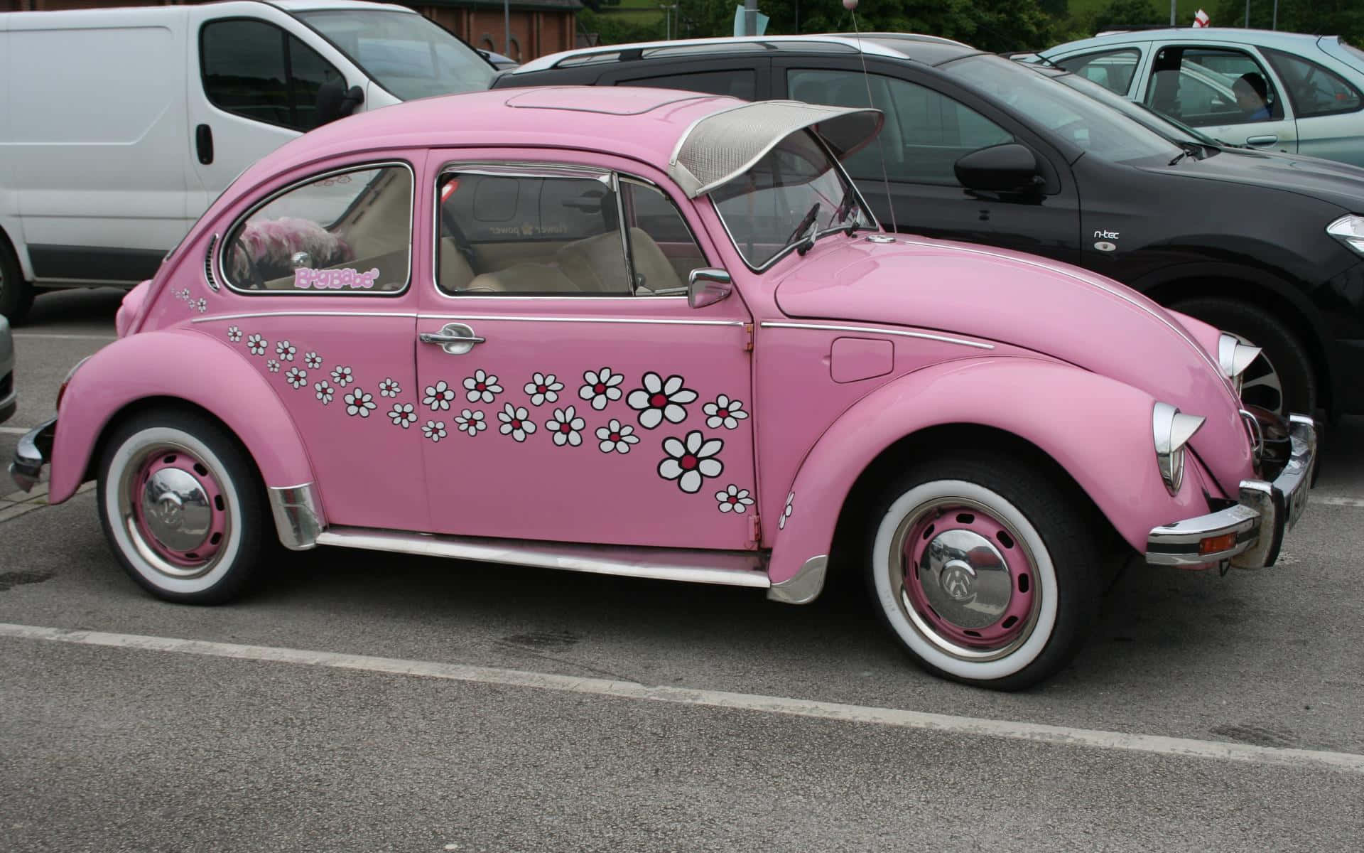 A Pink Volkswagen Beetle Parked In A Parking Lot Background