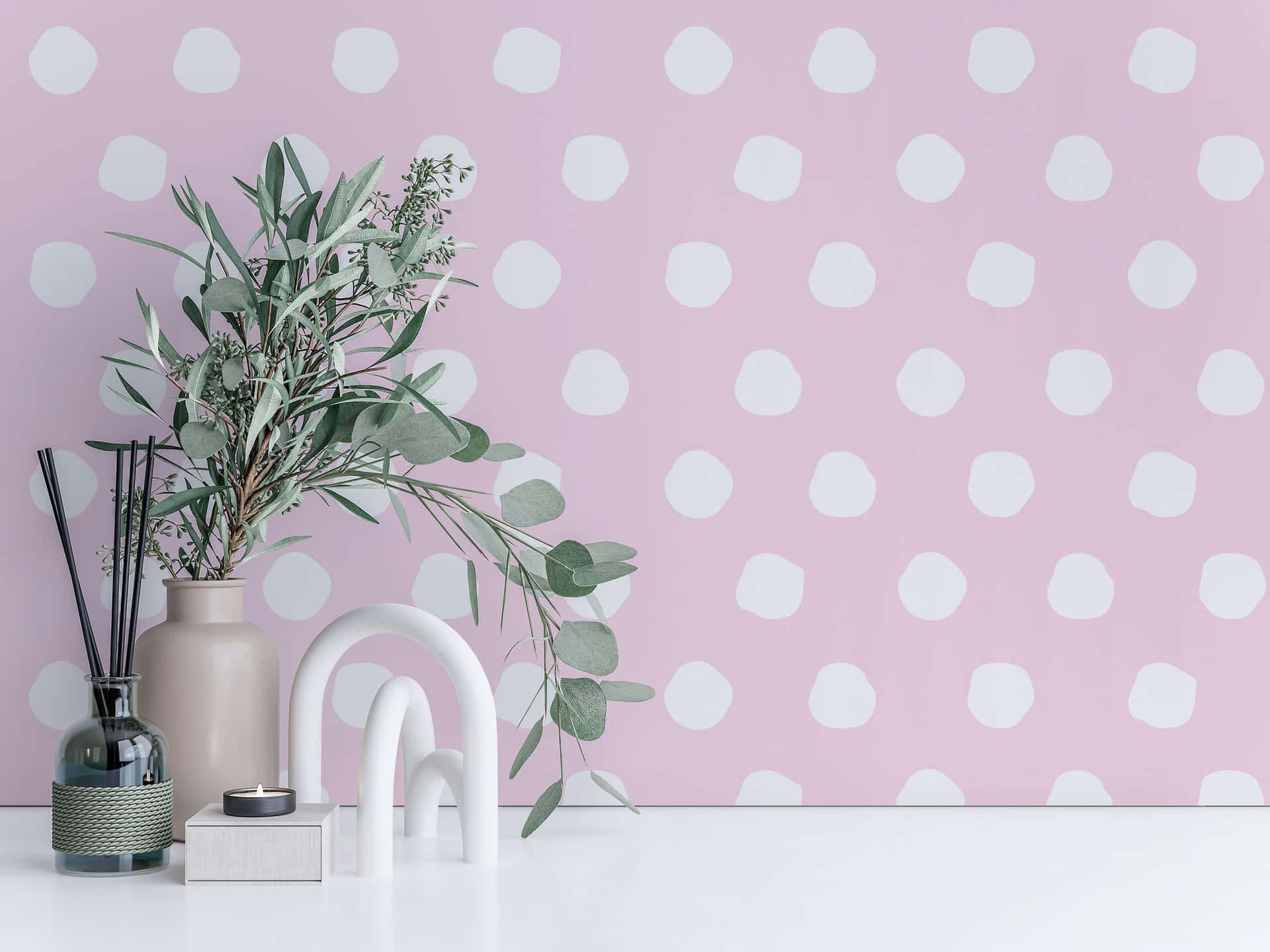 A Pink Wall With White Dots And A Vase Background