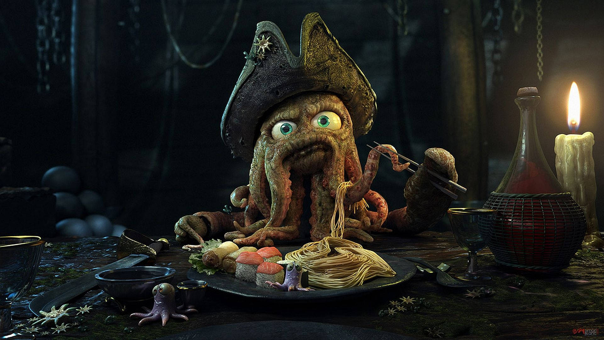 A Pirate Octopus Taking A Break From Sailing The Seven Seas And Digging Into A Delicious Dinner. Background
