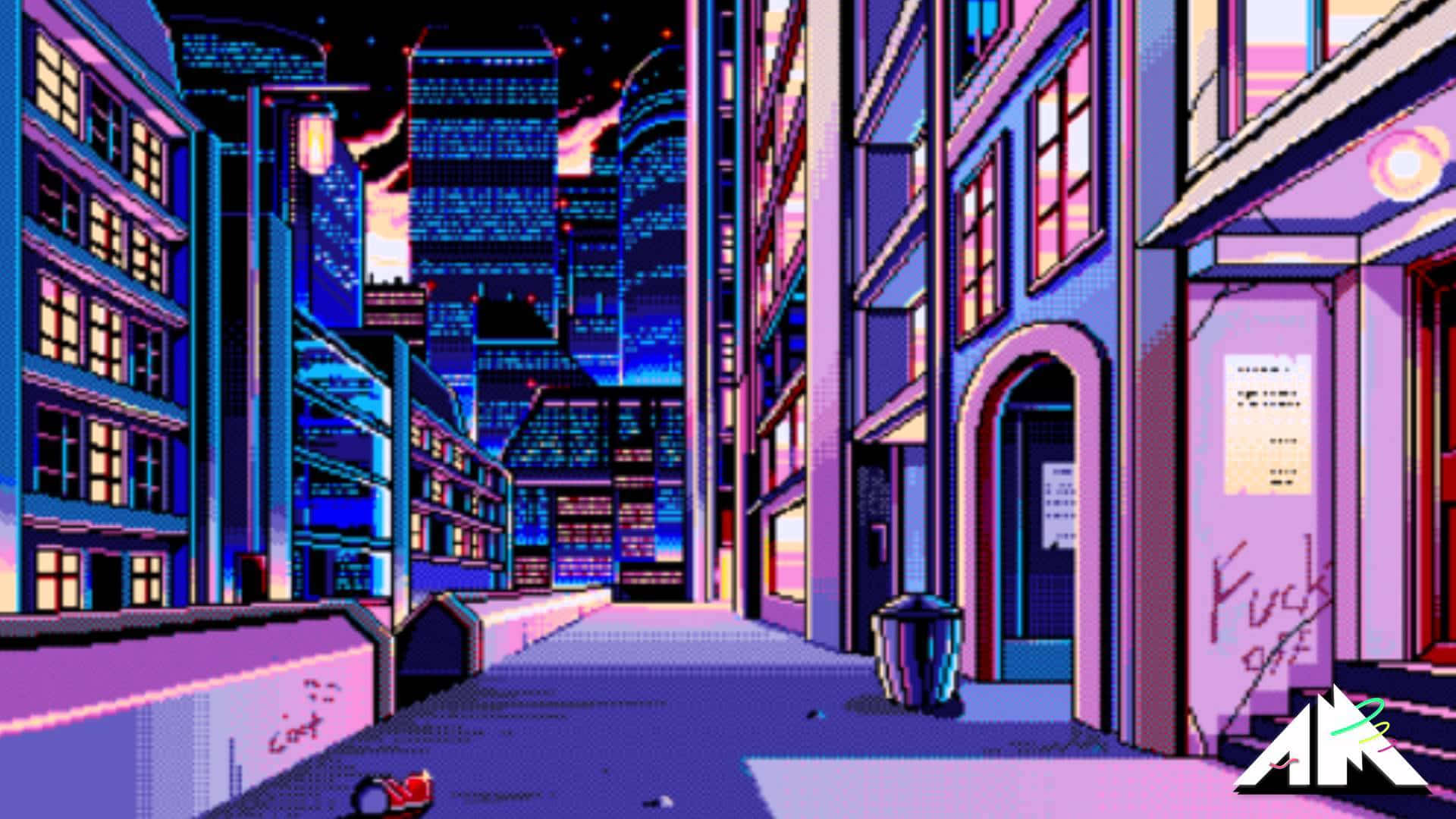 A Pixel Art Illustration Of A City At Night Background