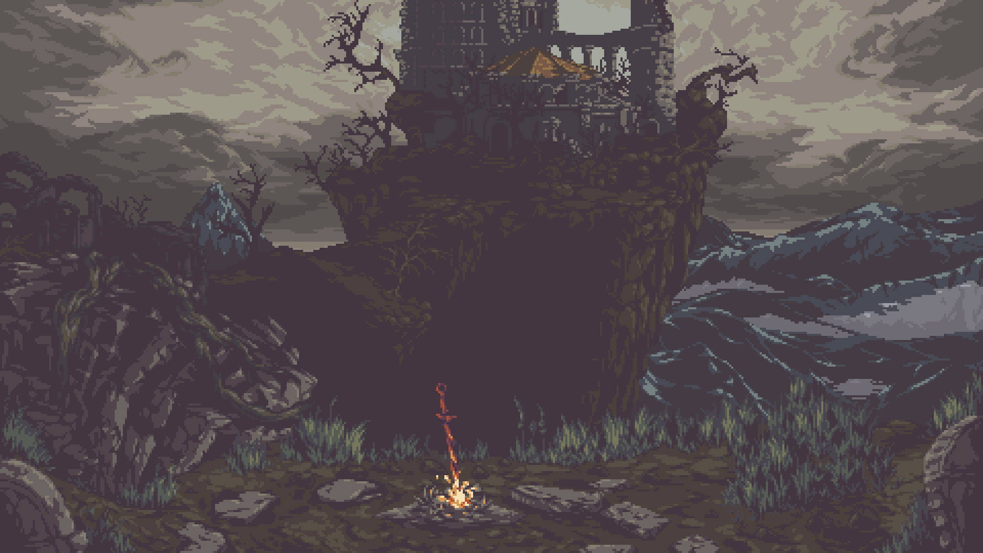 A Pixel Art Image Of A Castle On A Hill Background