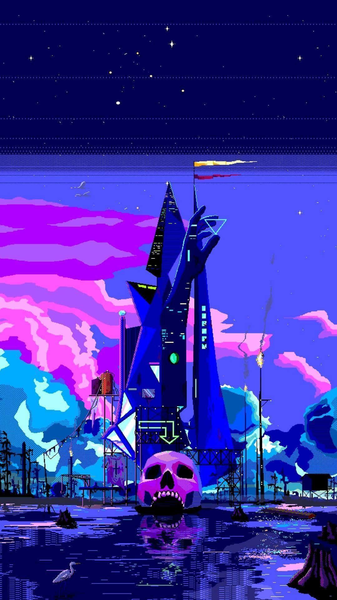 A Pixel Art Image Of A City With A Skull And A Ship Background