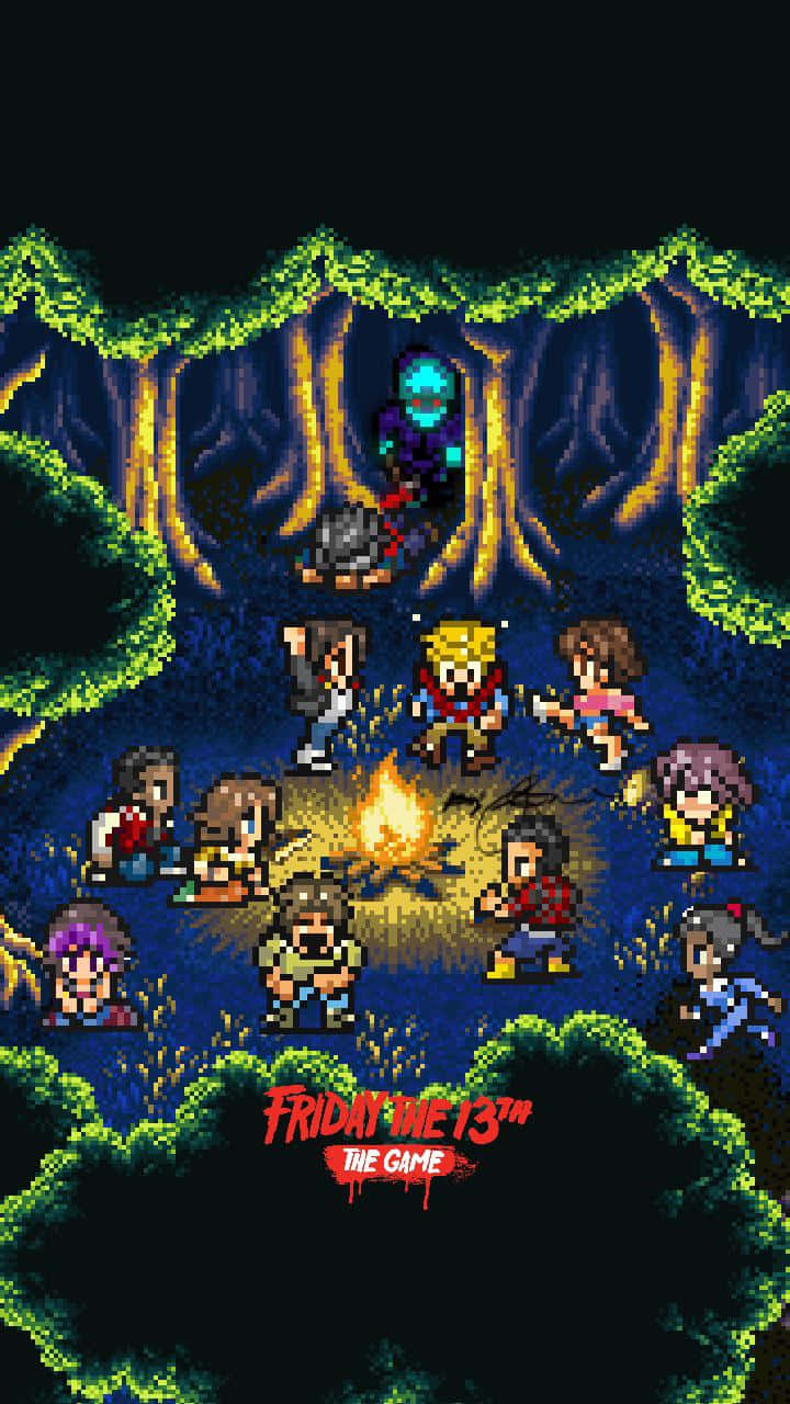 A Pixel Art Image Of A Group Of People In A Forest Background