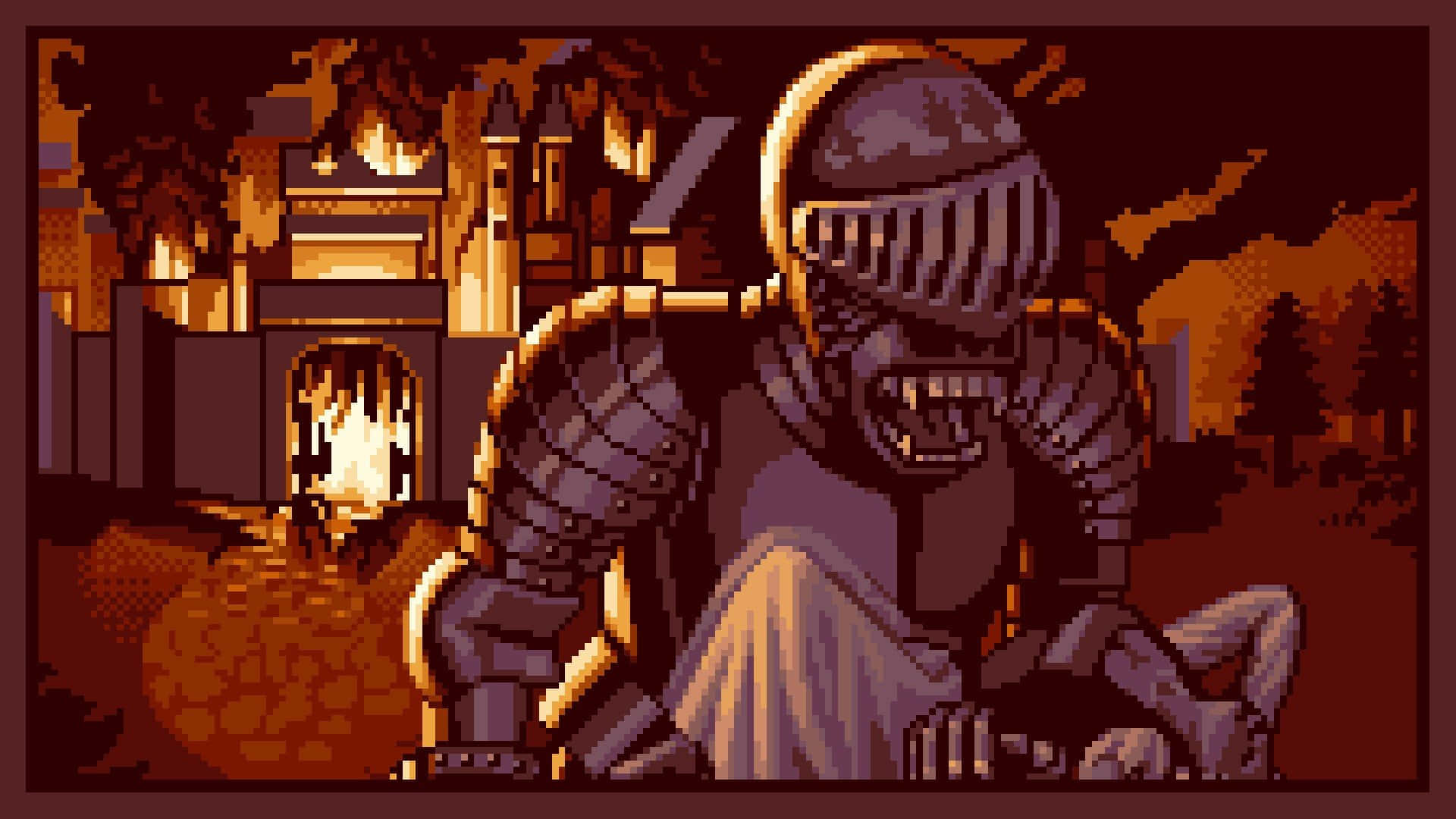 A Pixel Art Image Of A Knight In Armor Background