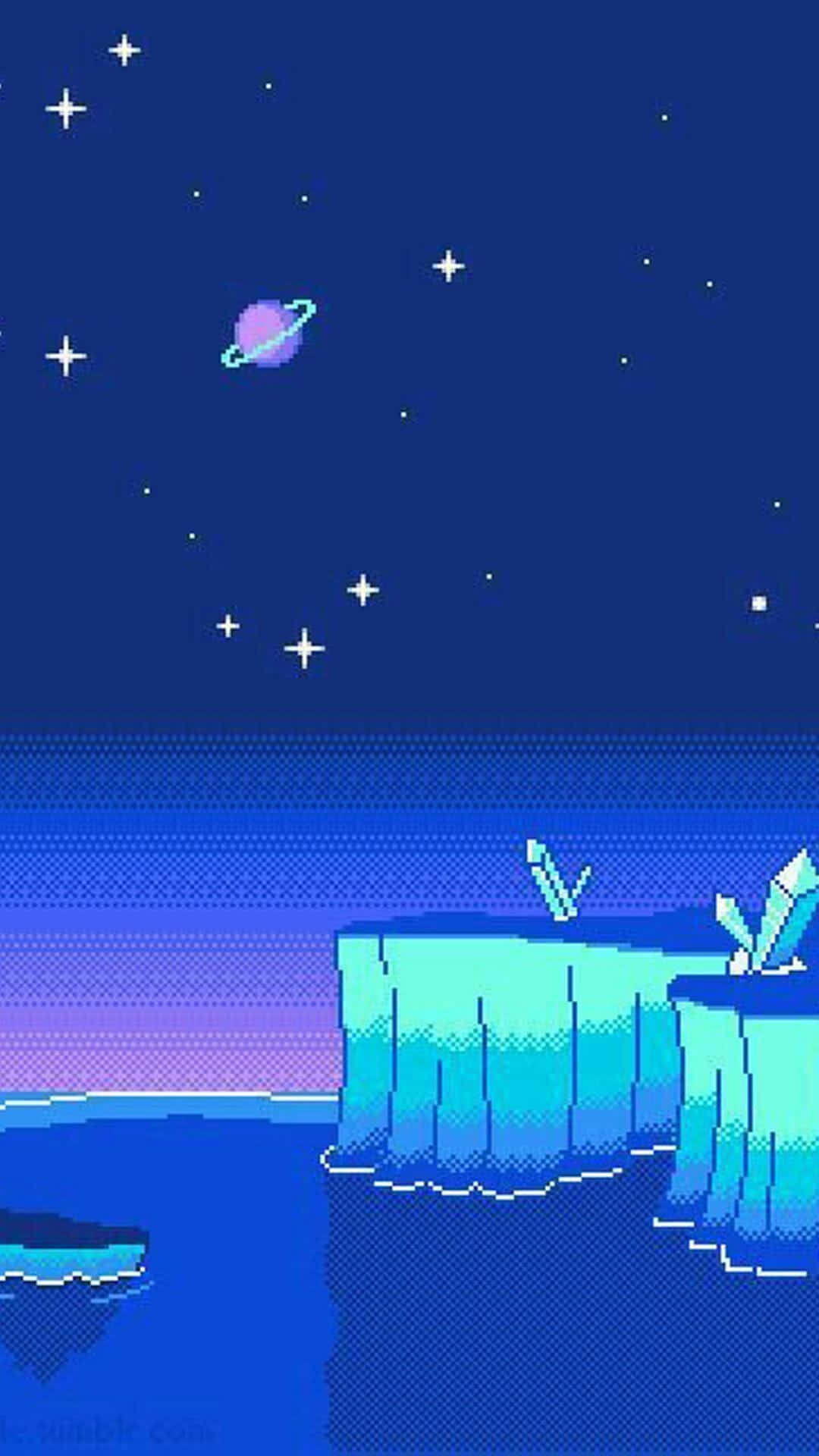 A Pixel Art Image Of A Rocky Island With A Moon And Stars Background