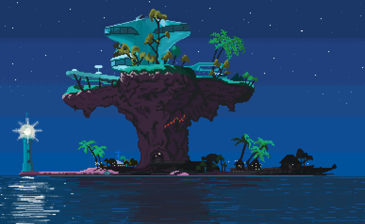 A Pixel Art Image Of A Small Island With A Lighthouse Background