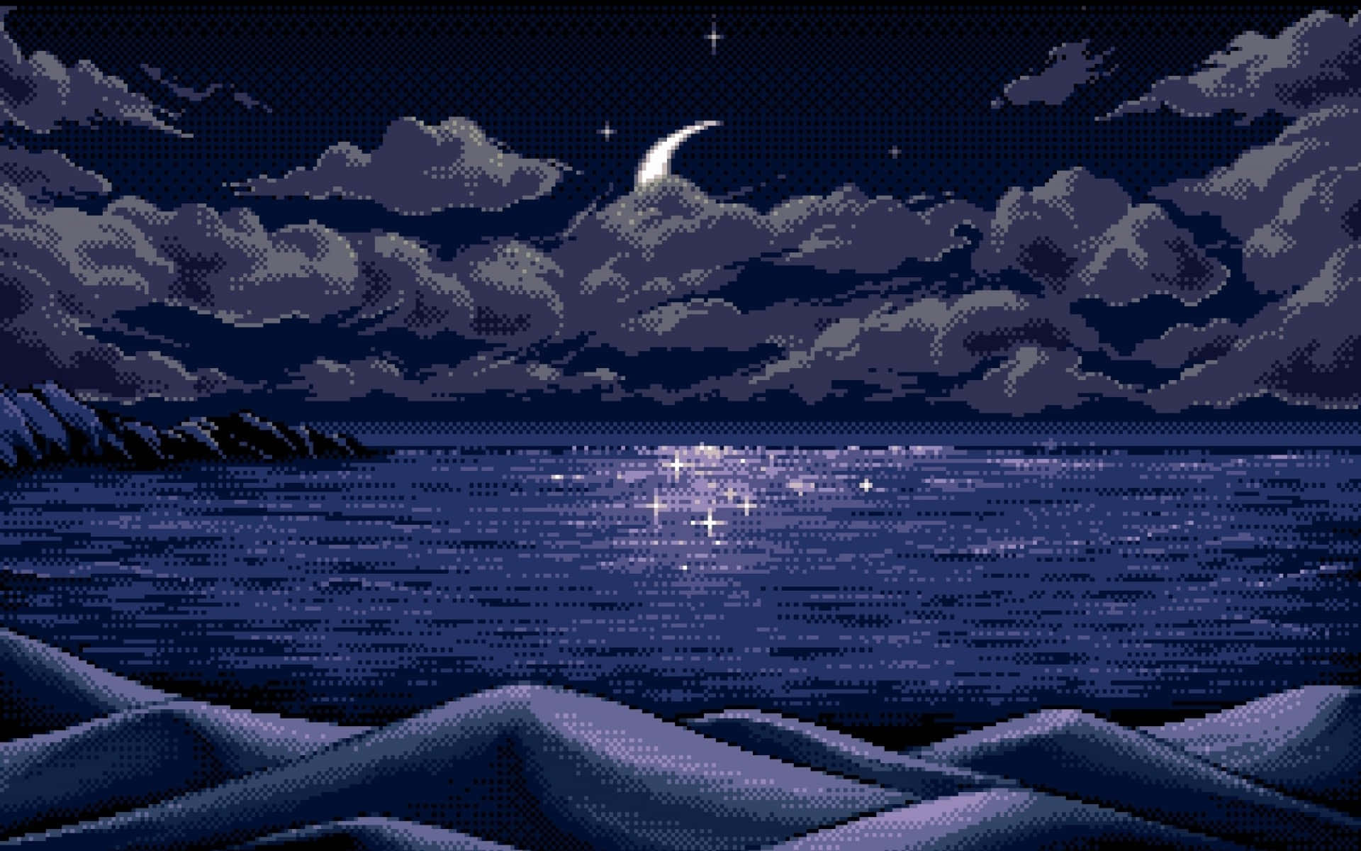A Pixel Art Image Of The Ocean And Moon Background