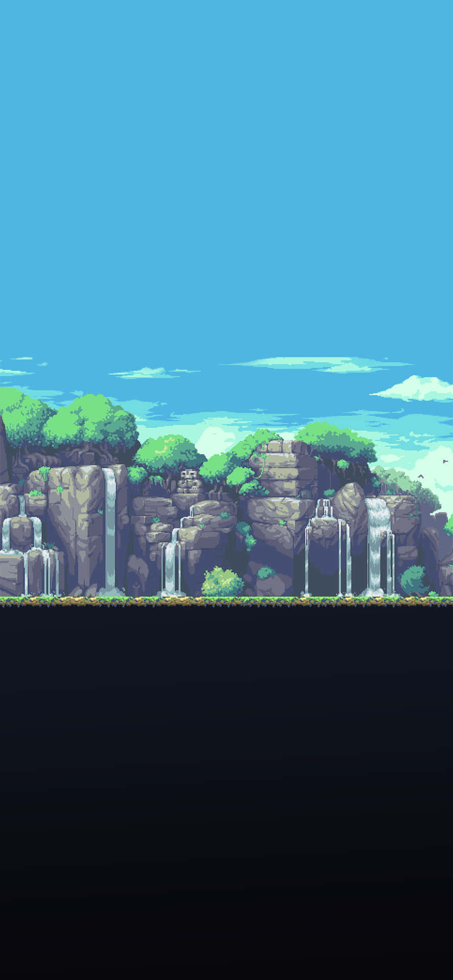 A Pixel Landscape With A Waterfall And Trees Background