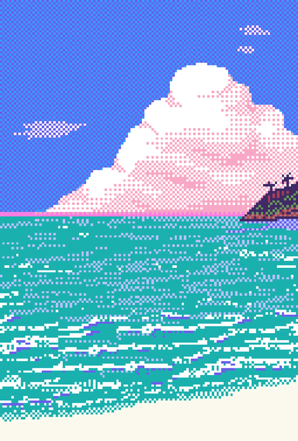 A Pixelated Image Of A Beach With A Cloud Background