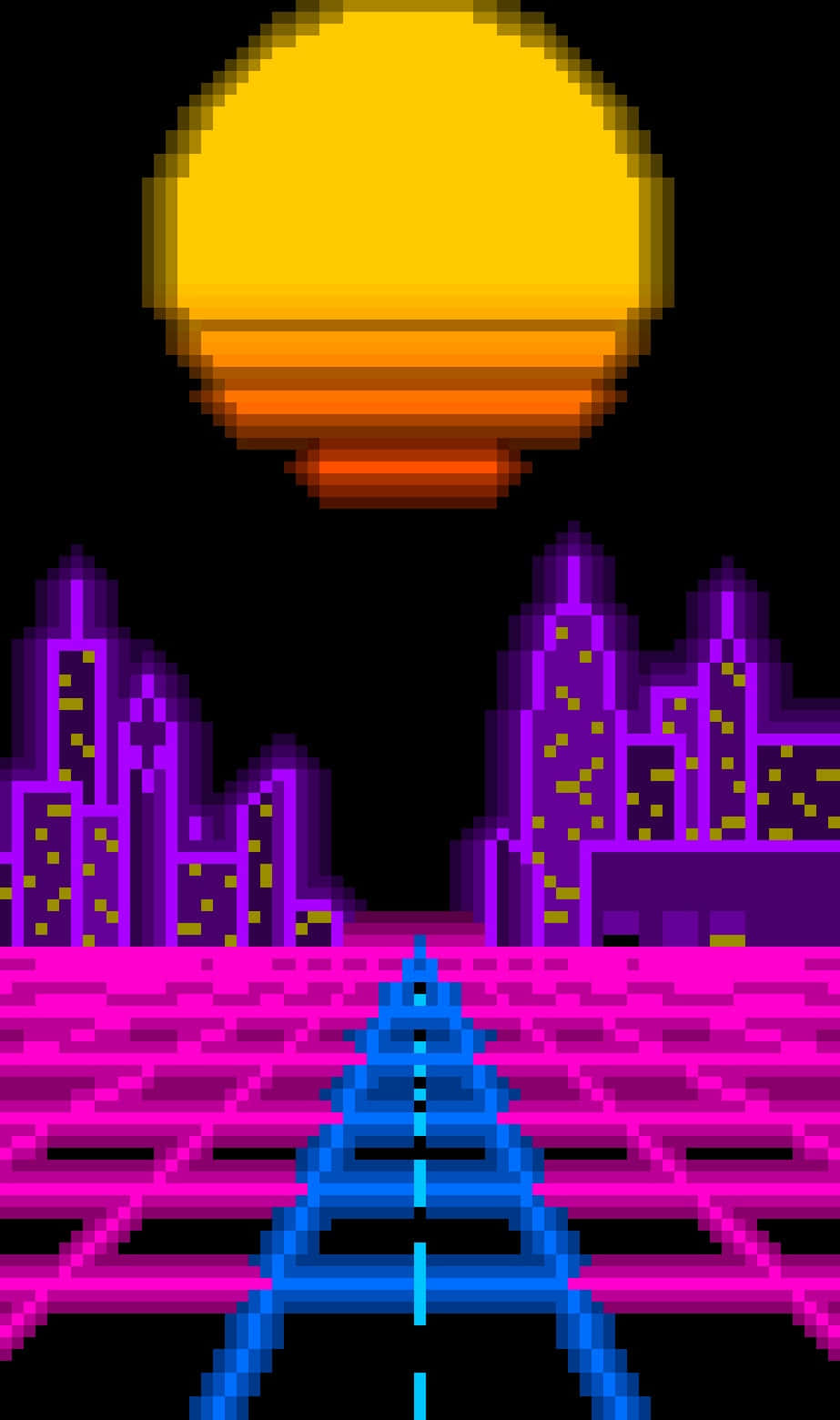 A Pixelated Image Of A City With A Neon Skyline Background