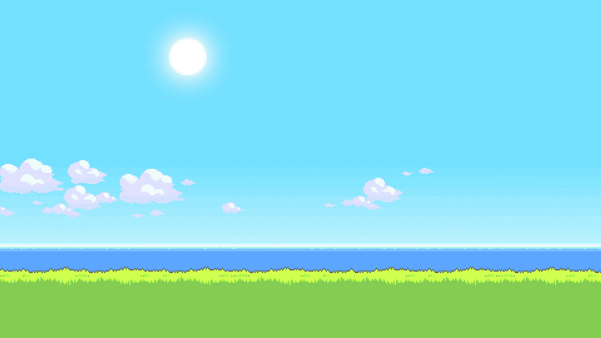 A Pixelated Image Of A Grassy Field With A Blue Sky