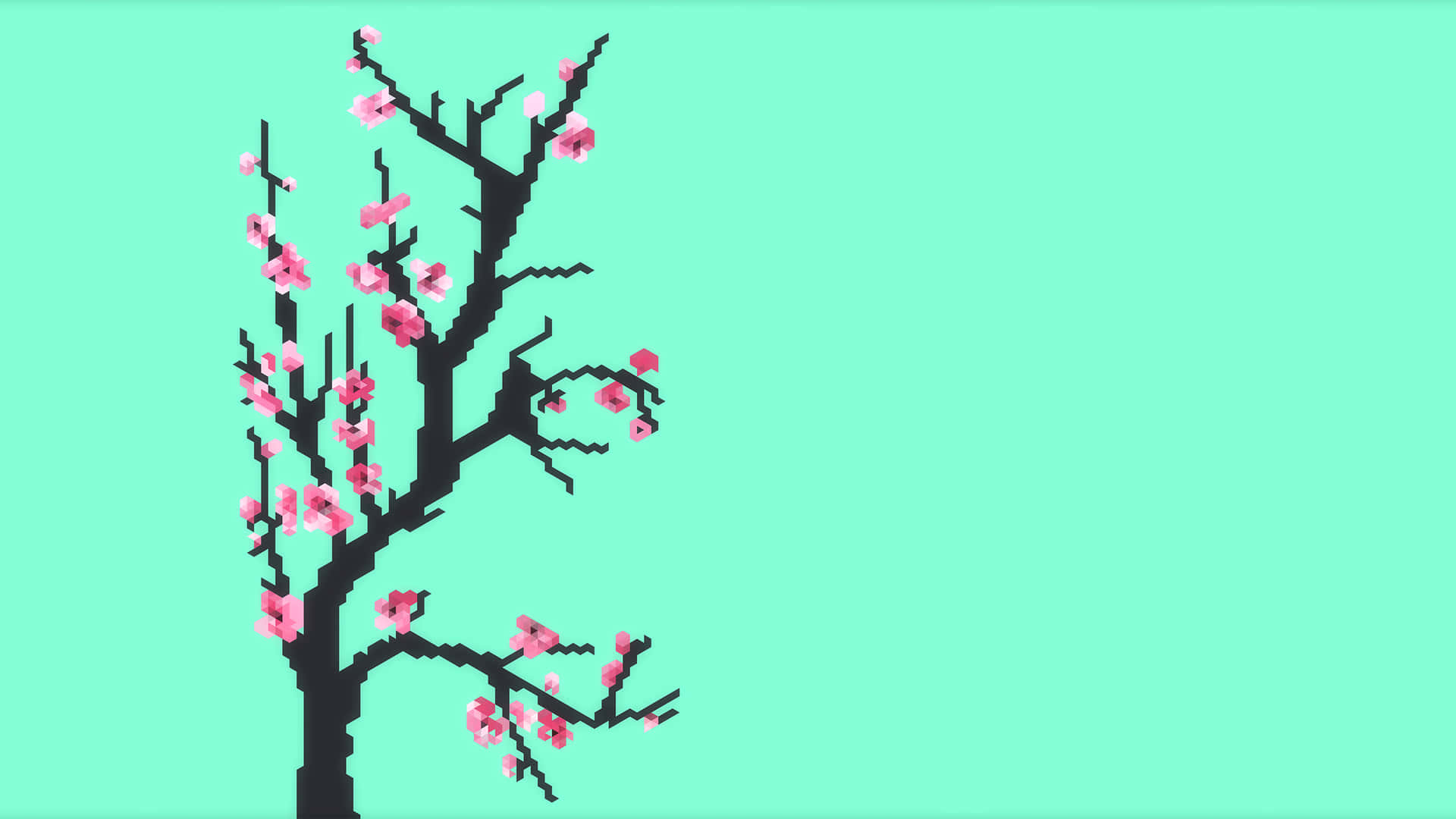 A Pixelated Tree With Pink Blossoms On A Turquoise Background Background