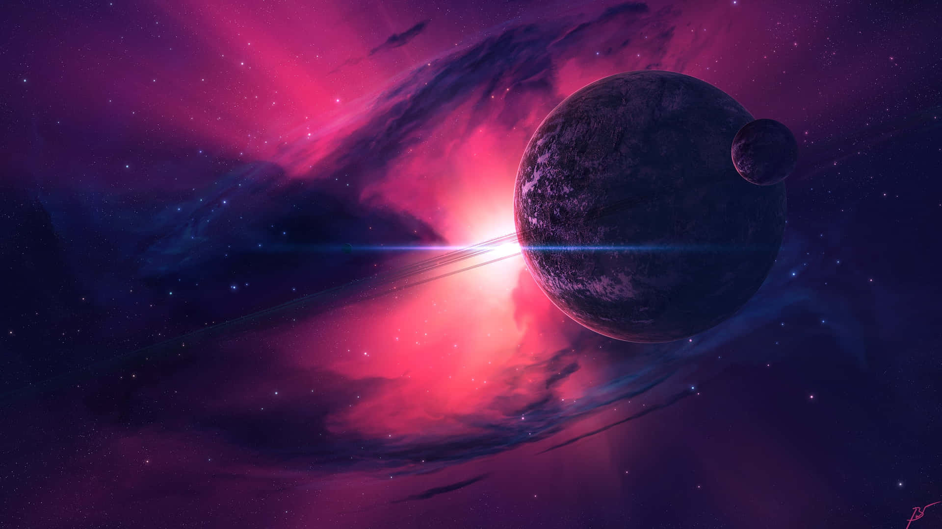 A Planet In Space With A Pink Background
