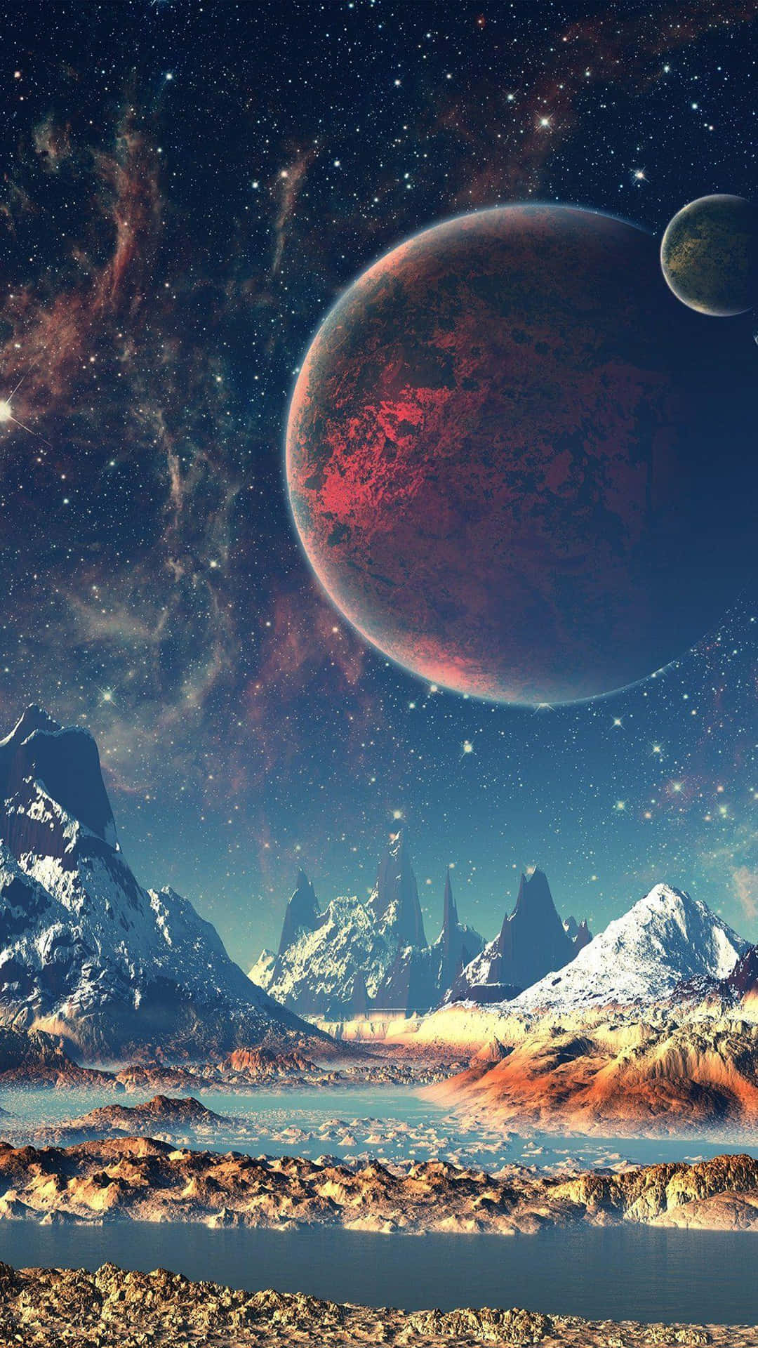 A Planet In Space With Mountains And A Lake Background