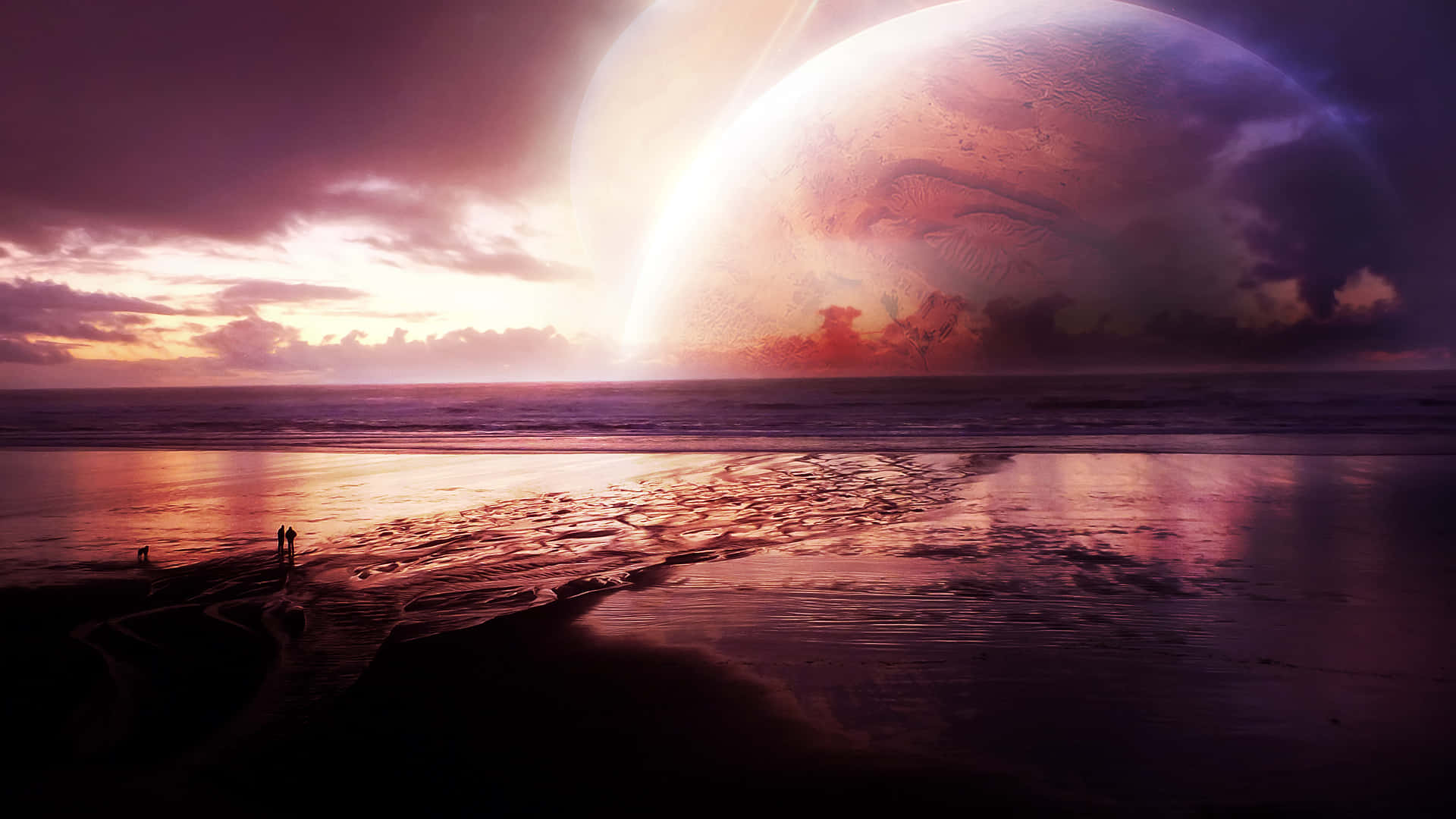 A Planet Is Seen Over The Ocean At Sunset Background
