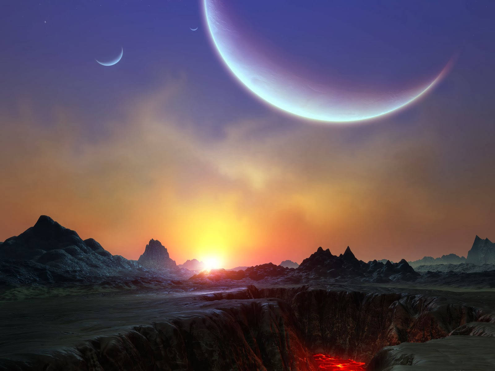 A Planet With A Red Sun And A Lava Lake Background