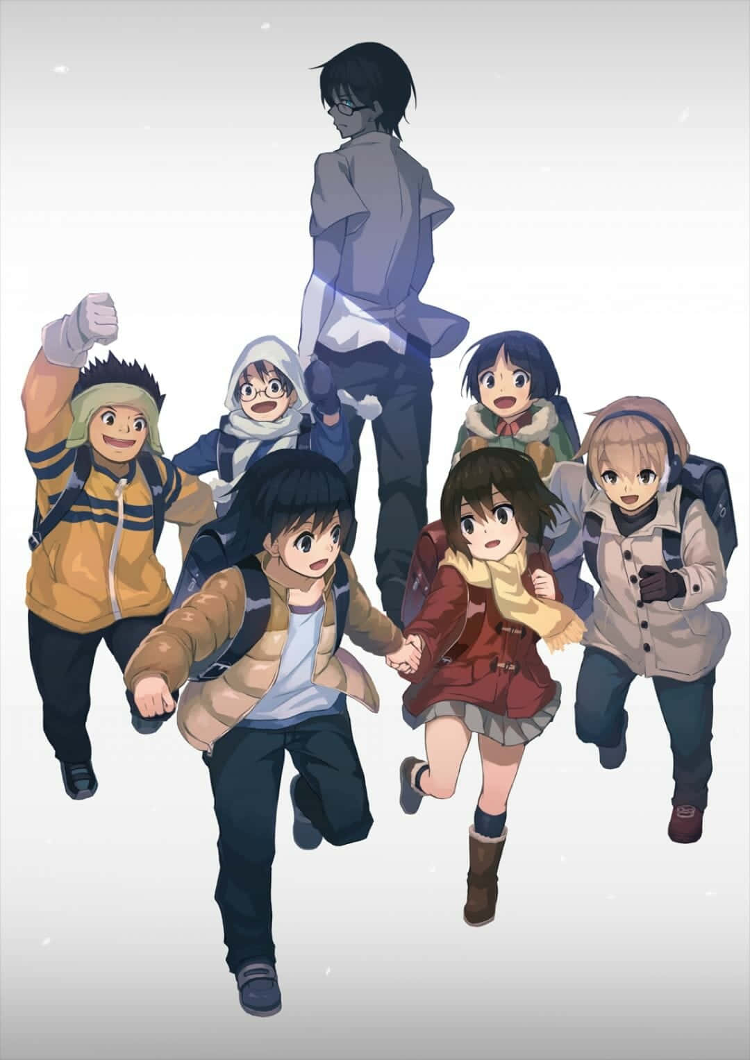 A Poignant Moment In Erased Anime Featuring Main Characters Satoru, Kayo, Osamu, Kenya, And Hiromi. Background