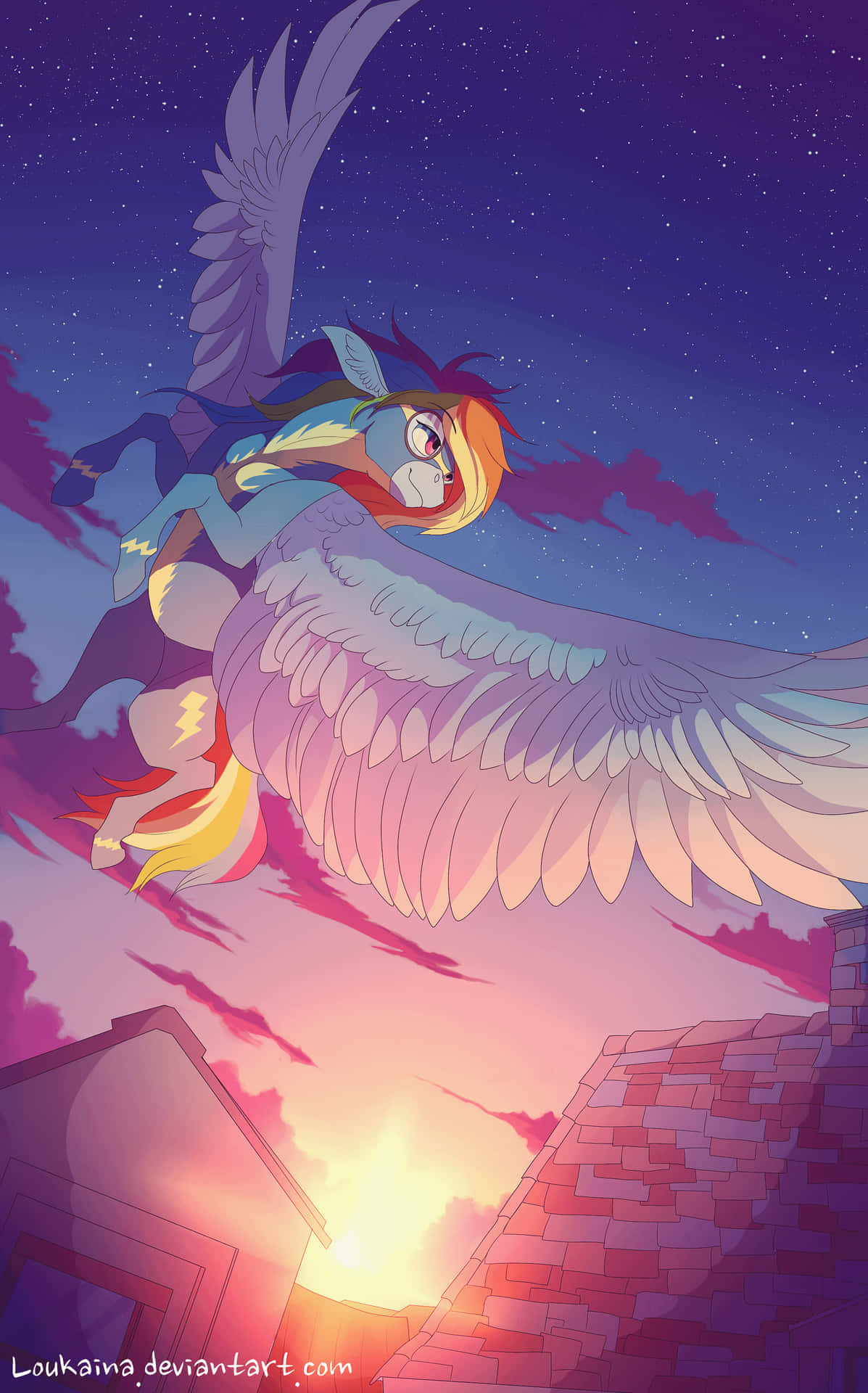 A Pony Flying Over A House At Night Background