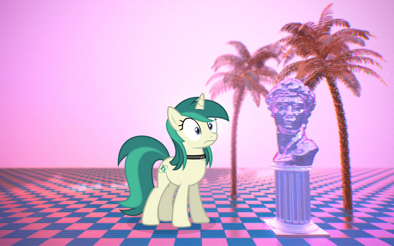 A Pony Standing Next To A Statue Of A Palm Tree Background