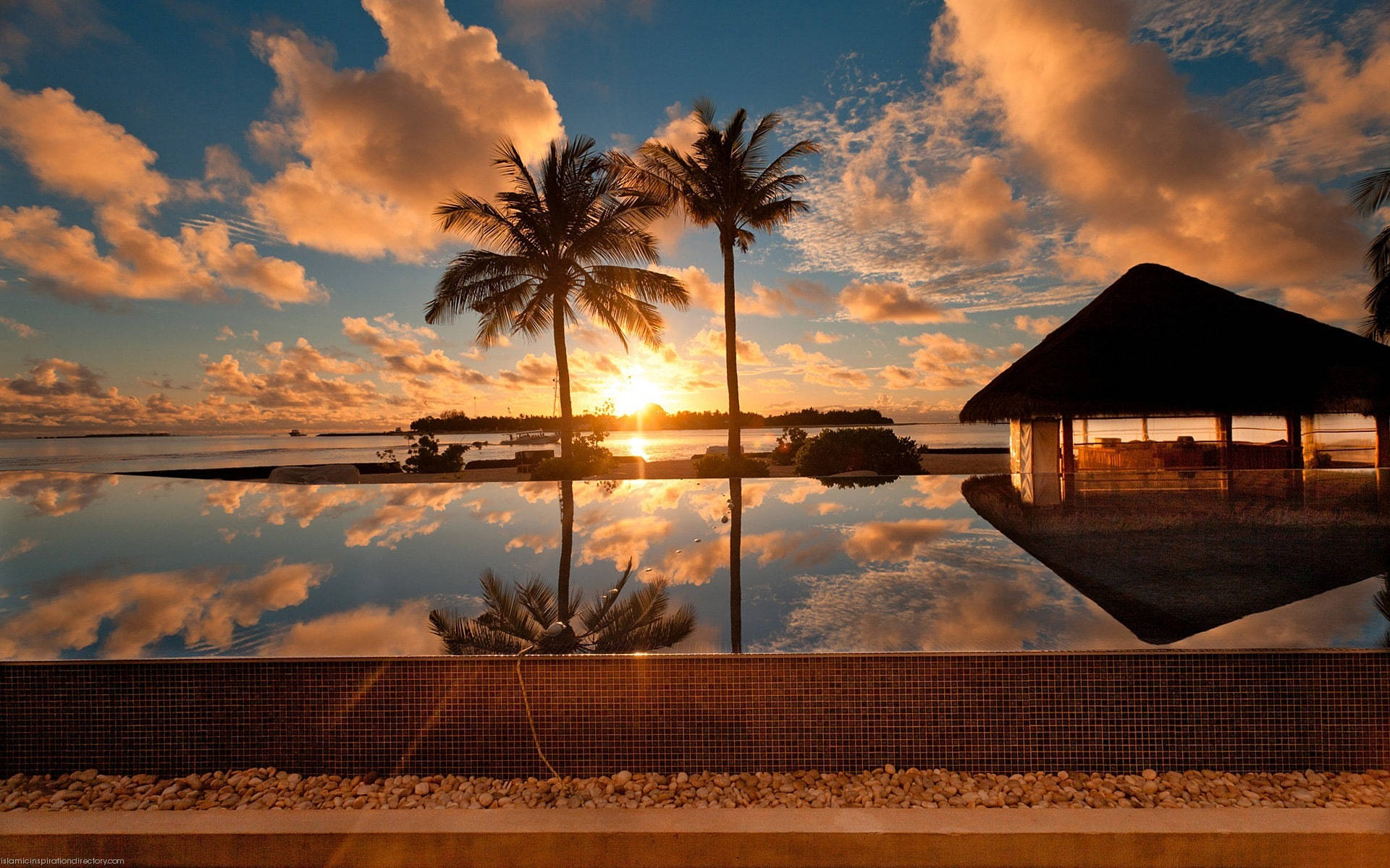 A Pool With Palm Trees And A Hut In The Background