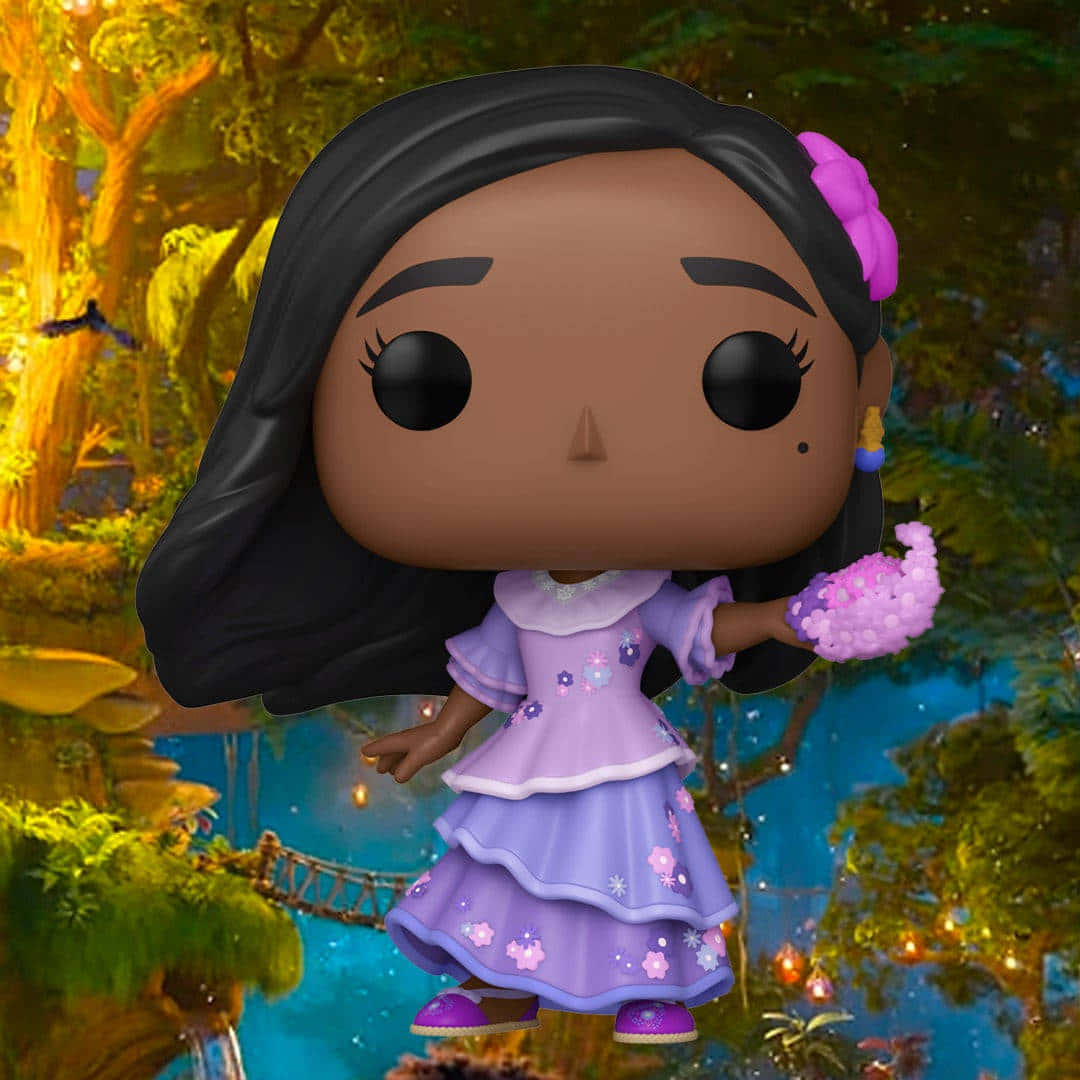 A Pop Vinyl Figure Of A Girl In Purple With A Flower In Her Hair Background