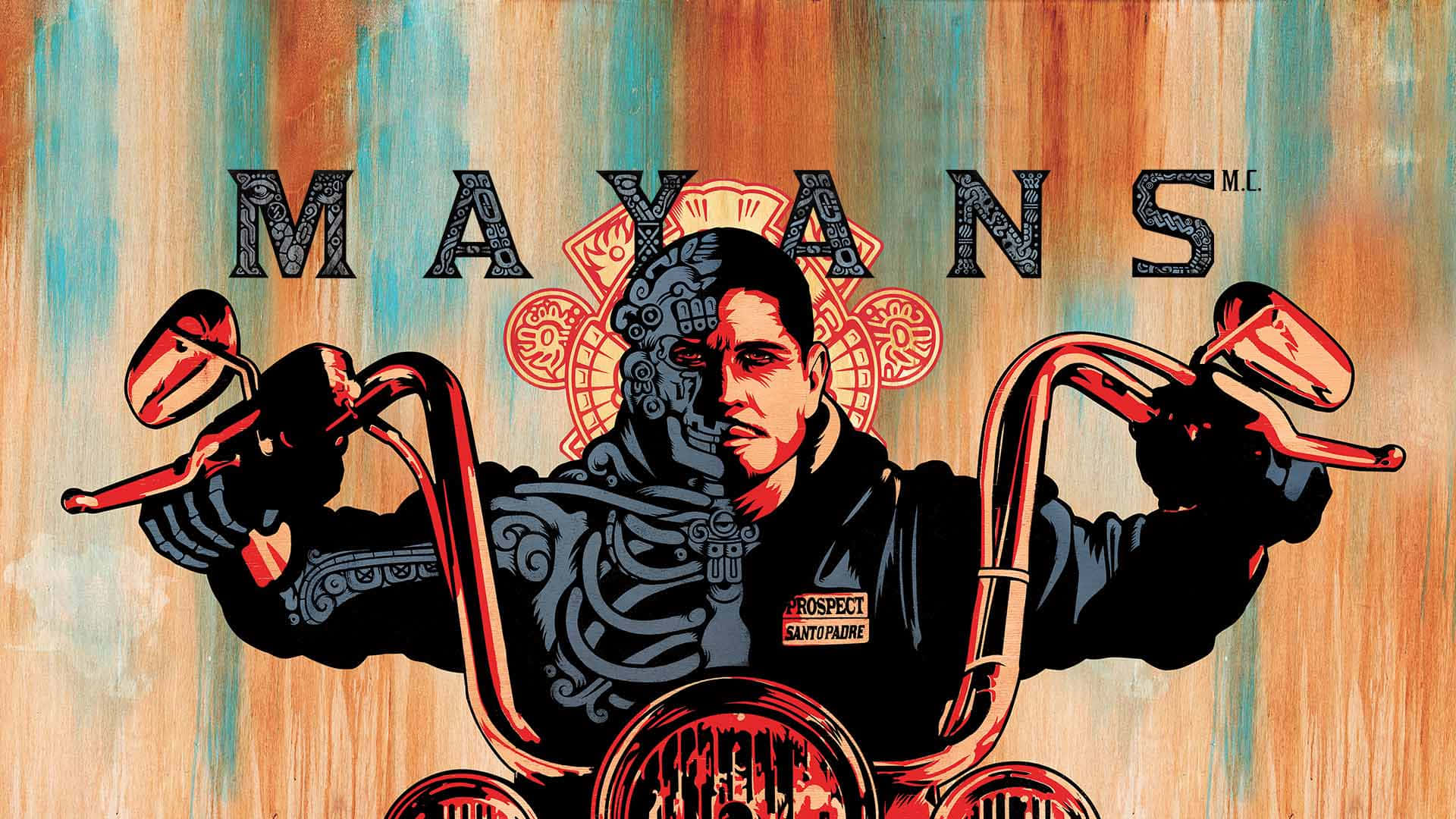 A Poster For Mayans With A Man Riding A Motorcycle Background