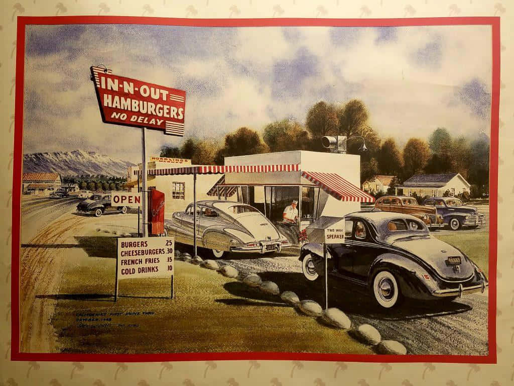 A Poster Of A Diner With Cars Parked Outside Background