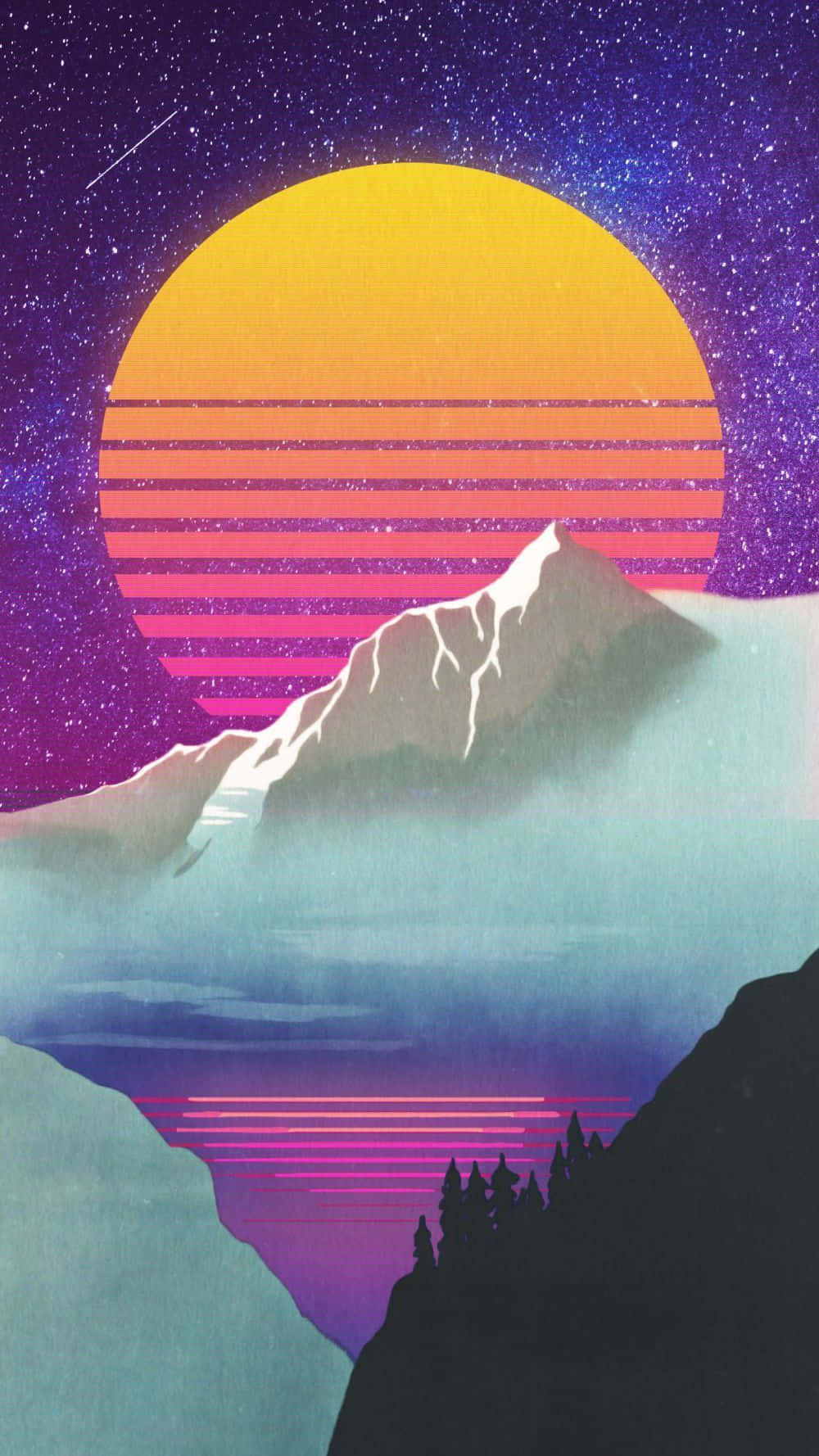 A Poster With A Sunset Over Mountains And A Mountain Background