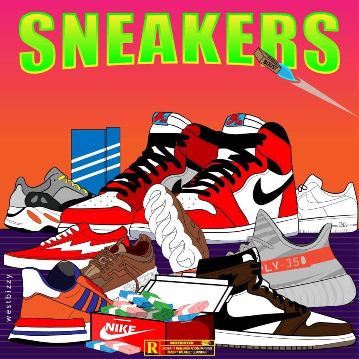 A Poster With Sneakers And Other Items Background