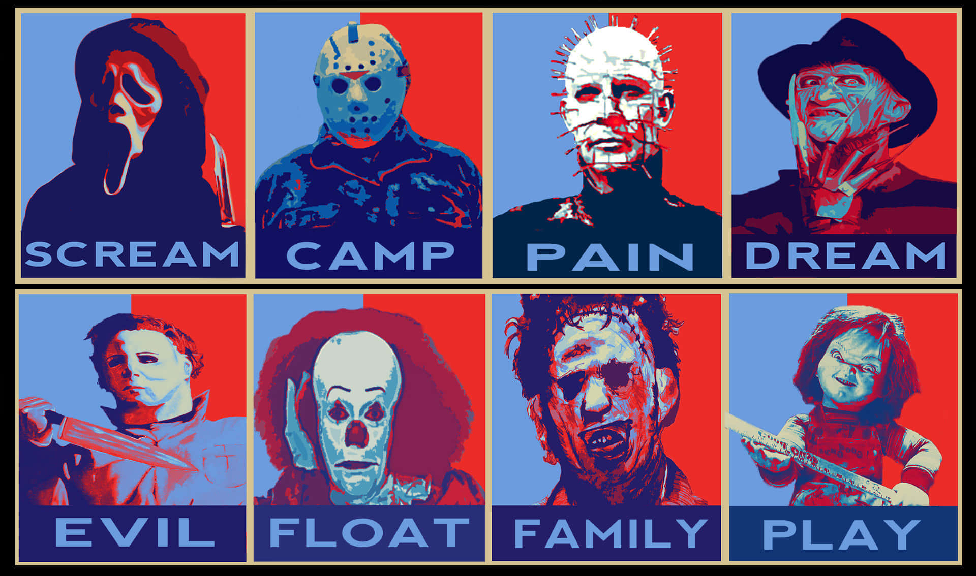 A Poster With The Words Scream, Camp, Pain, Dream, Evil, Family, And Scream Background