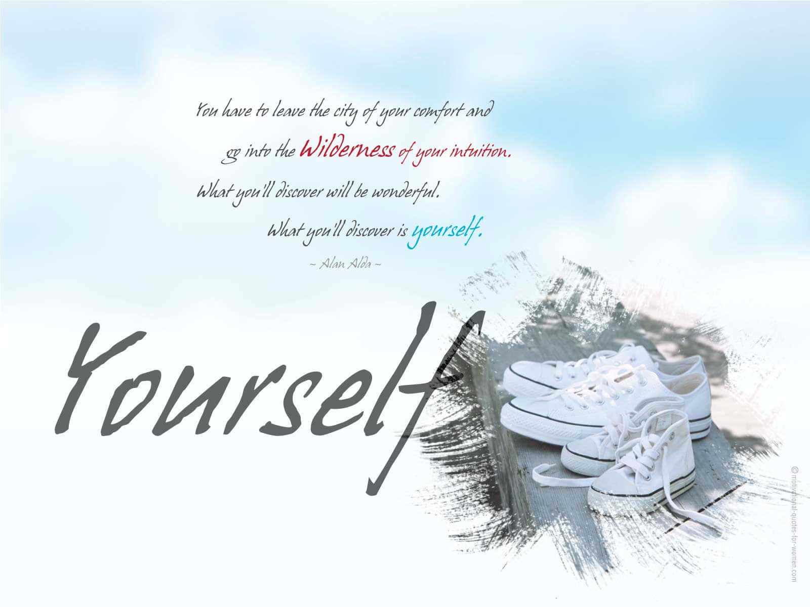 A Poster With The Words Yourself And A Pair Of White Sneakers Background