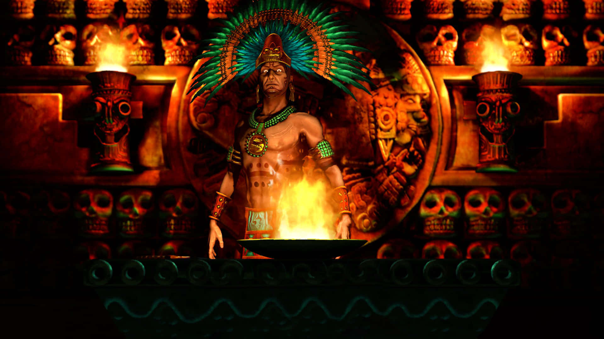 A Powerful Aztec Warrior Ready For Battle Background