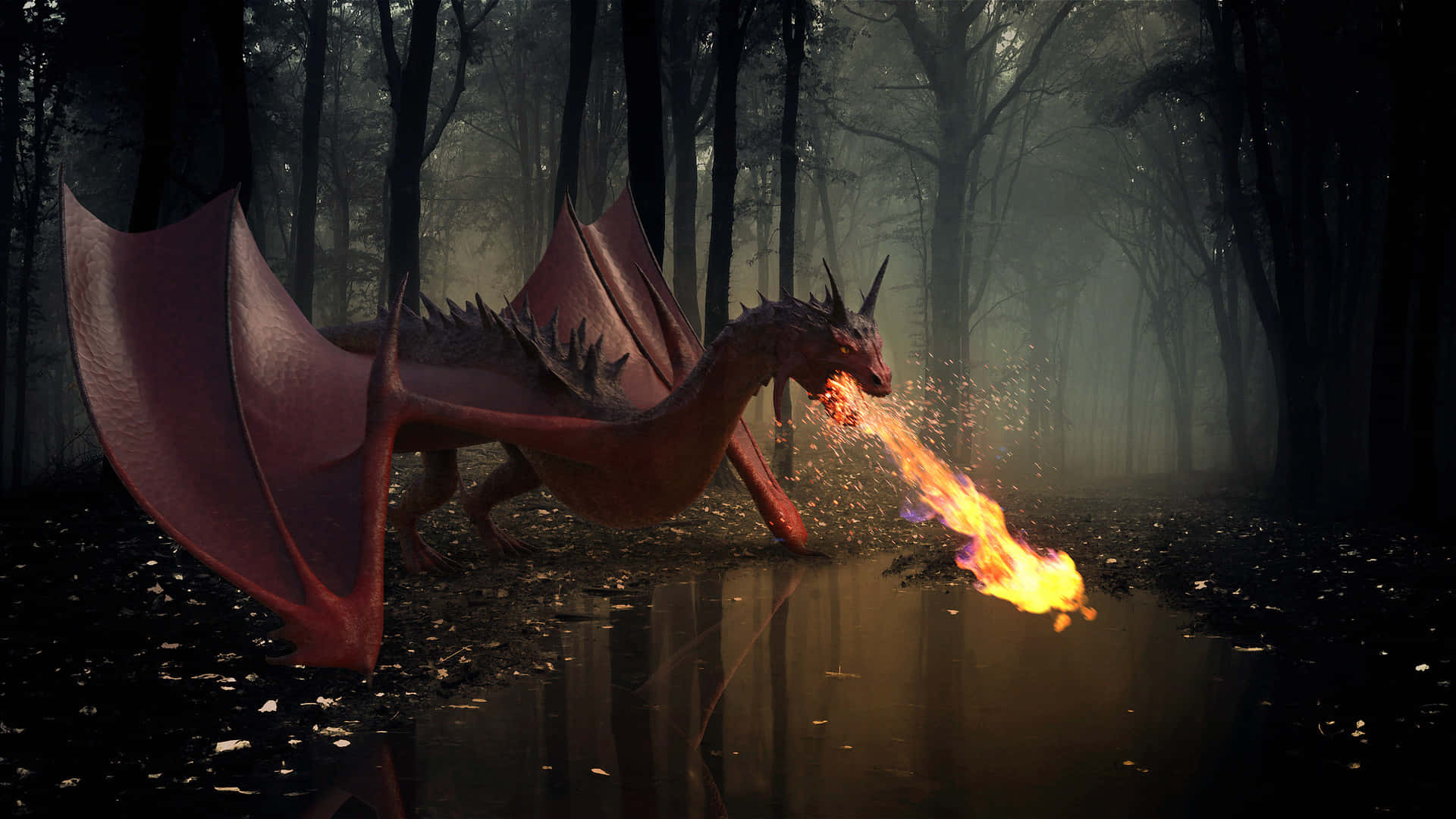 A Powerful Dragon Soars Above A Dense, Misty Forest Background