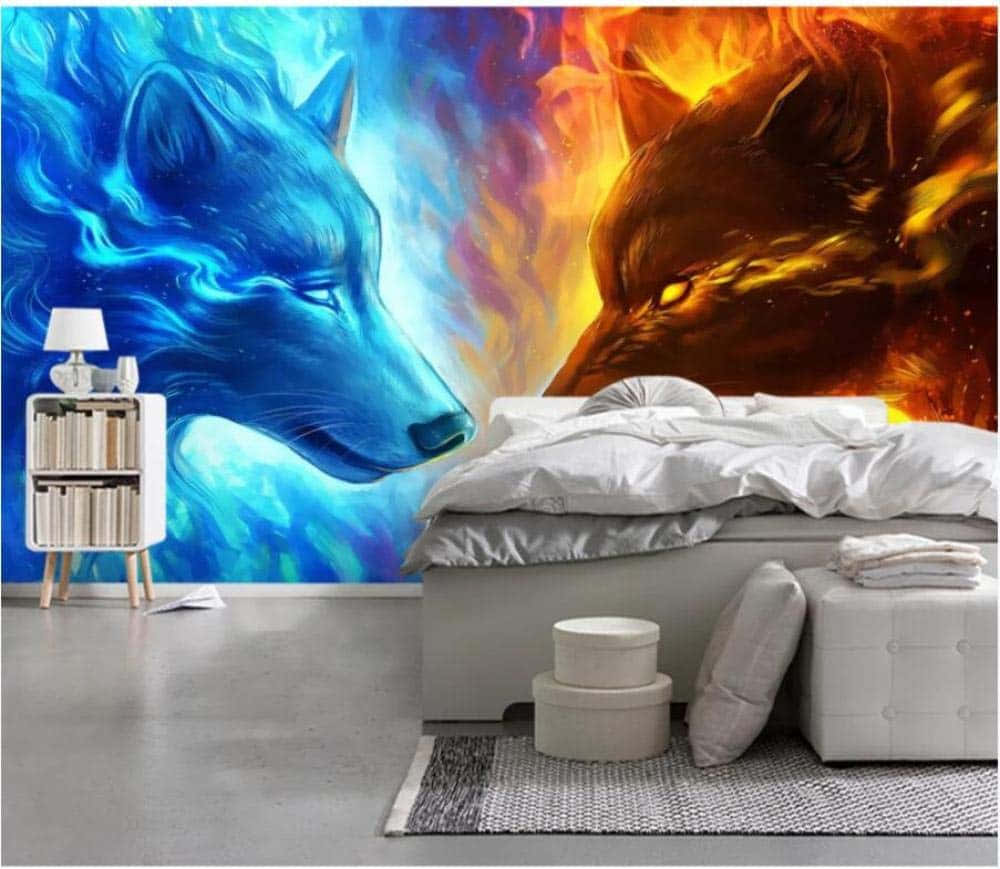 A Powerful Fire And Ice Wolf Stands Proudly Against A Backdrop Of Snow And Fire. Background