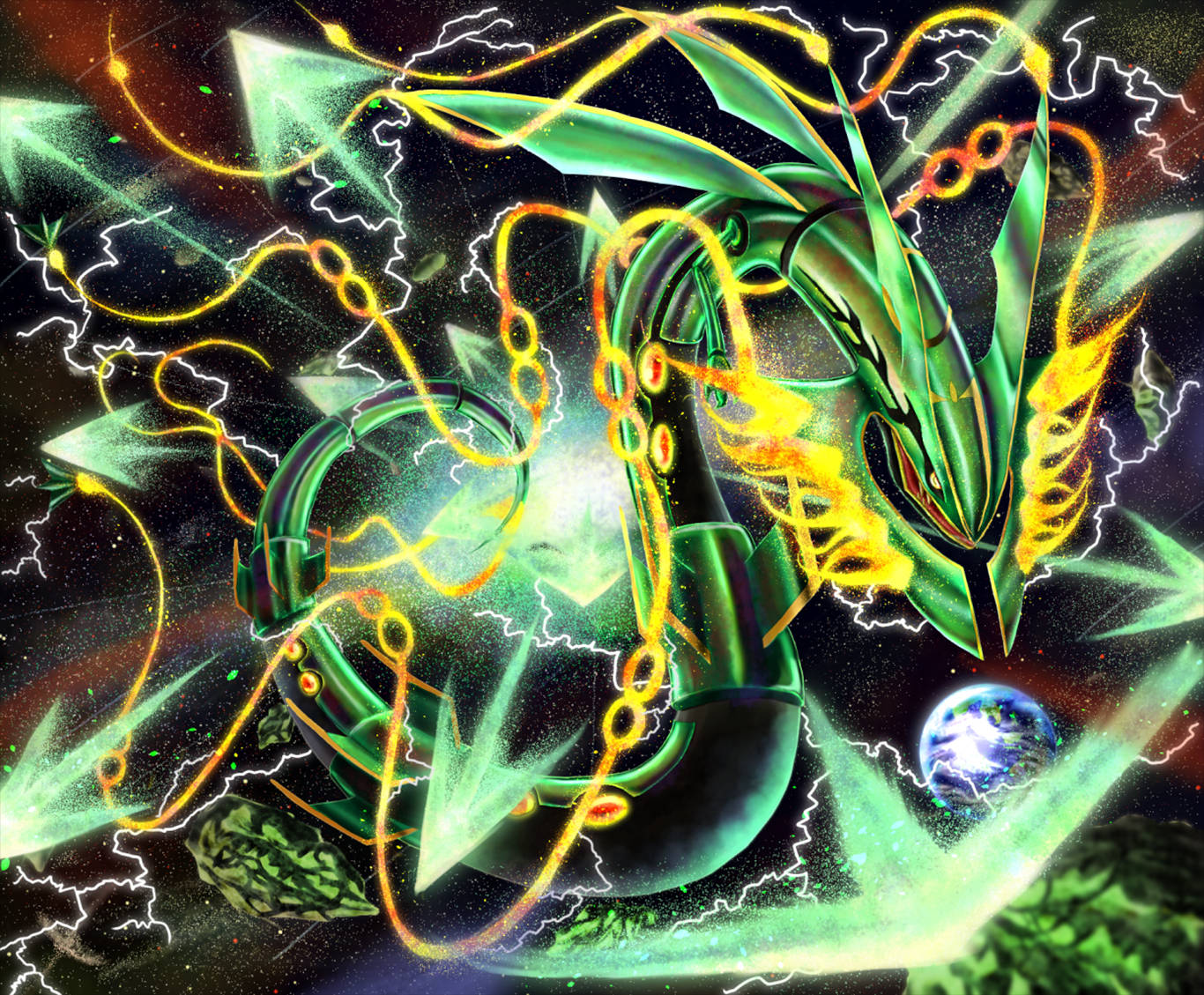 A Powerful Green Rayquaza Soars In Space Background