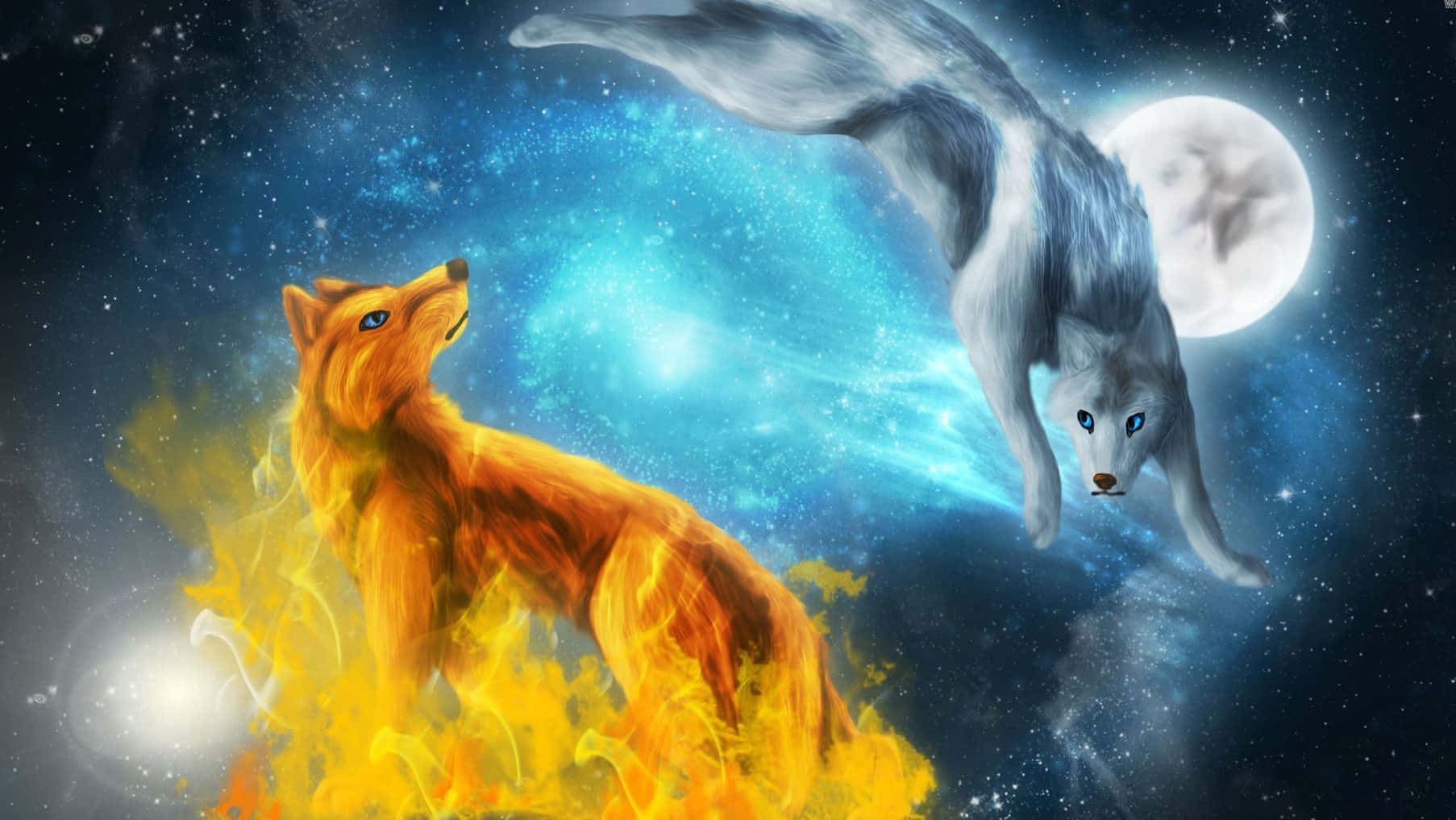 A Powerful Wolf Blending Elements Of Water And Fire Background