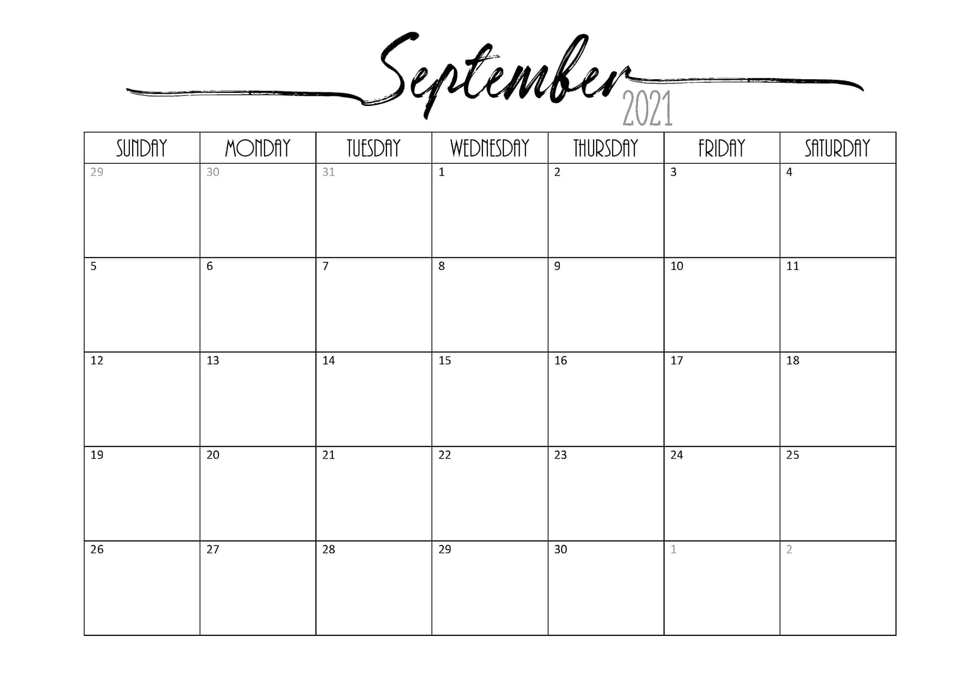 A Printable September 2020 Calendar With The Words Written In Black